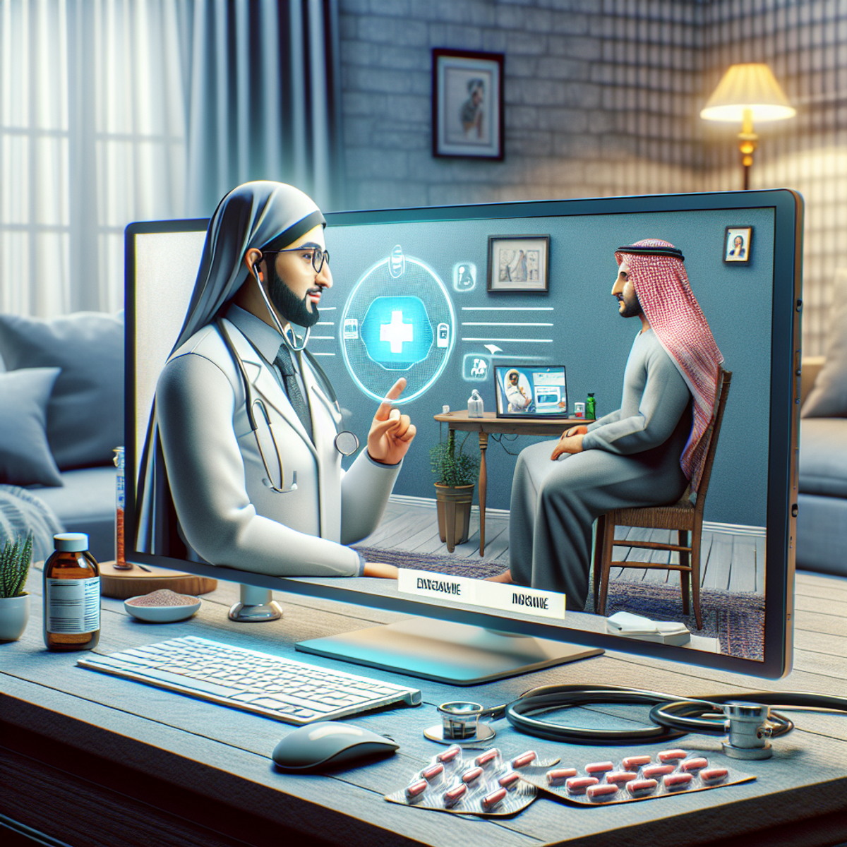 A South Asian female doctor and a Middle Eastern male patient engage in a virtual healthcare consultation through an encrypted online platform, with a computer screen symbolizing privacy. The doctor's setup includes a stethoscope, desk, and laptop, while the patient's setup features a cozy domestic environment with medication.