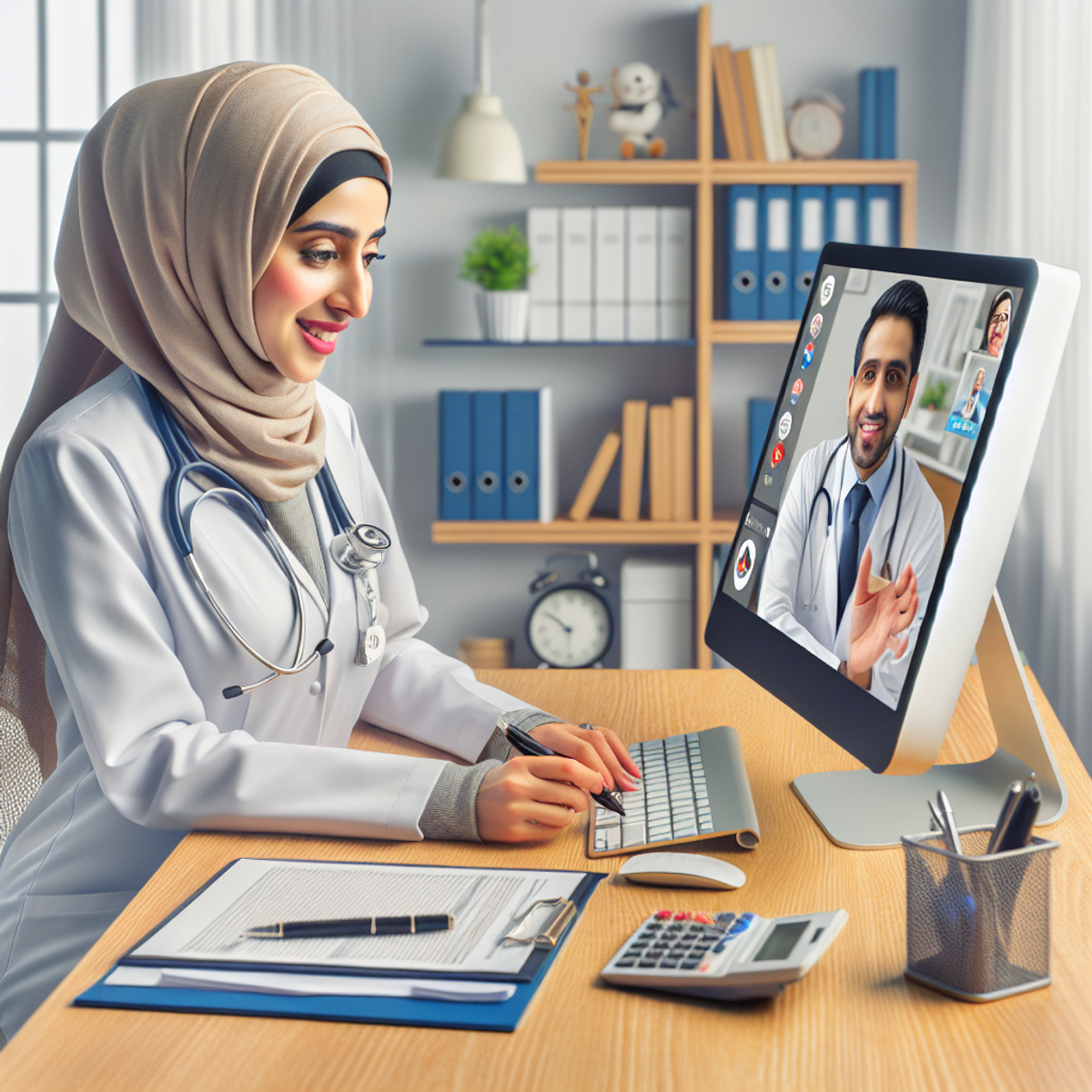 A female Middle-Eastern doctor engages in a video chat with a male South-Asian patient, reviewing medical records and discussing health conditions.