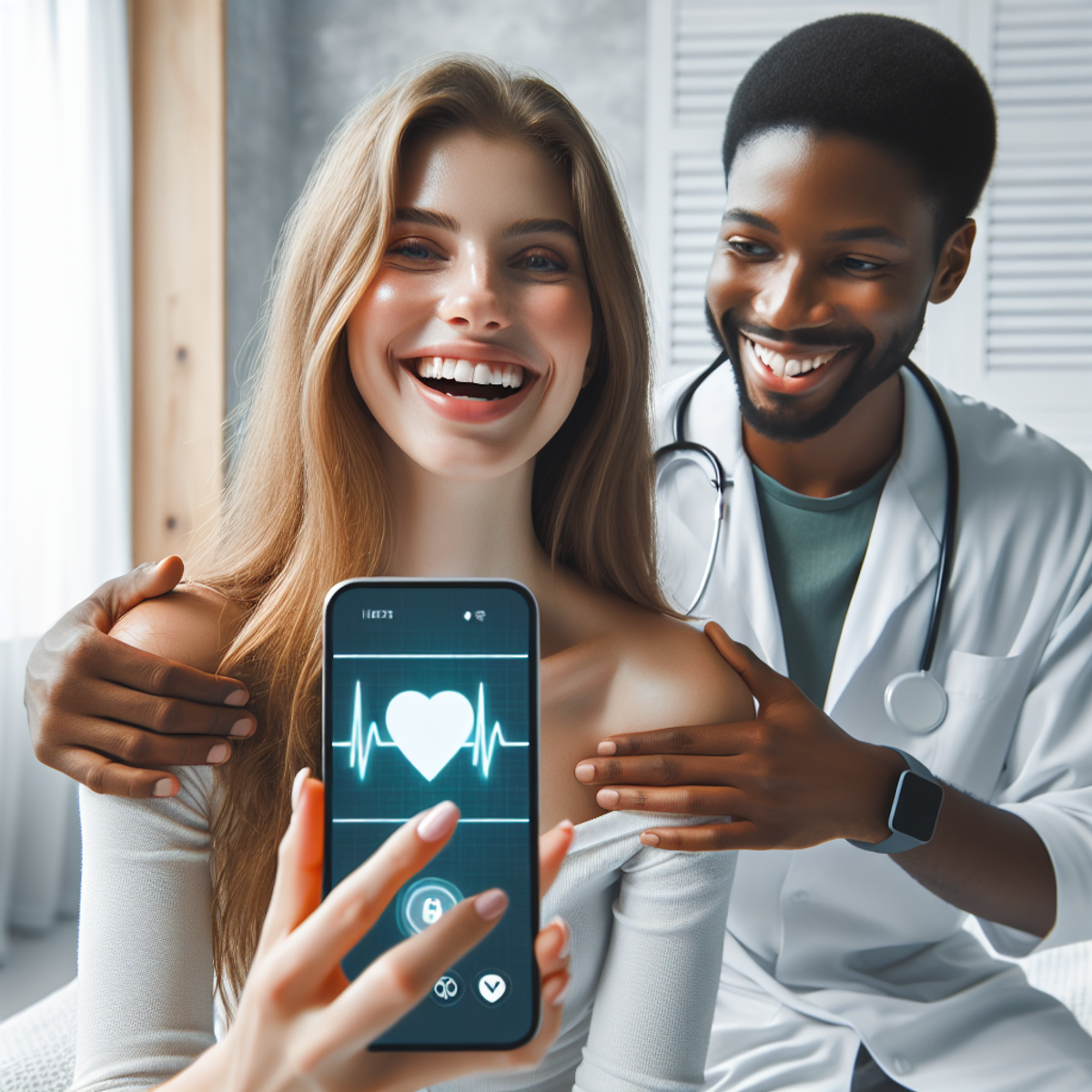 A woman and a healthcare professional using a health app on a smartphone.