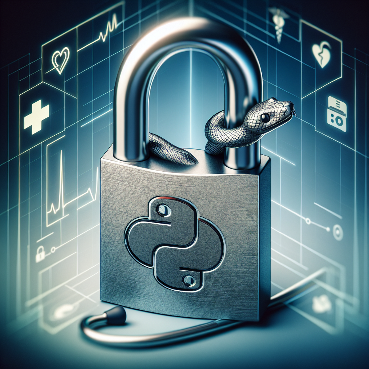 A close-up image of a metal padlock with an engraved Python programming language symbol, overlaid on a backdrop featuring telemedicine solutions.