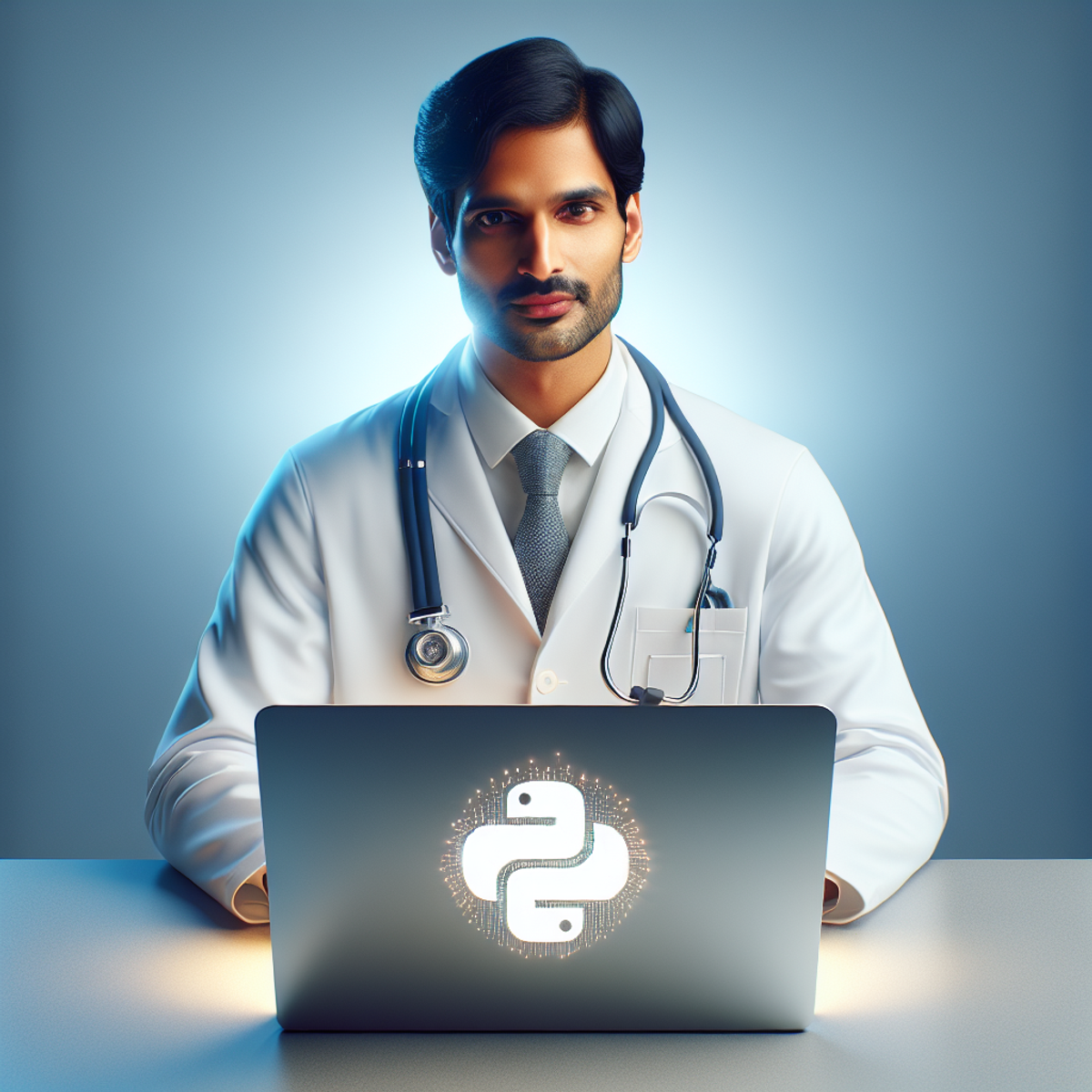 A South Asian male doctor in a white coat with a stethoscope, sitting in front of a laptop with Python coding language logo on the screen.