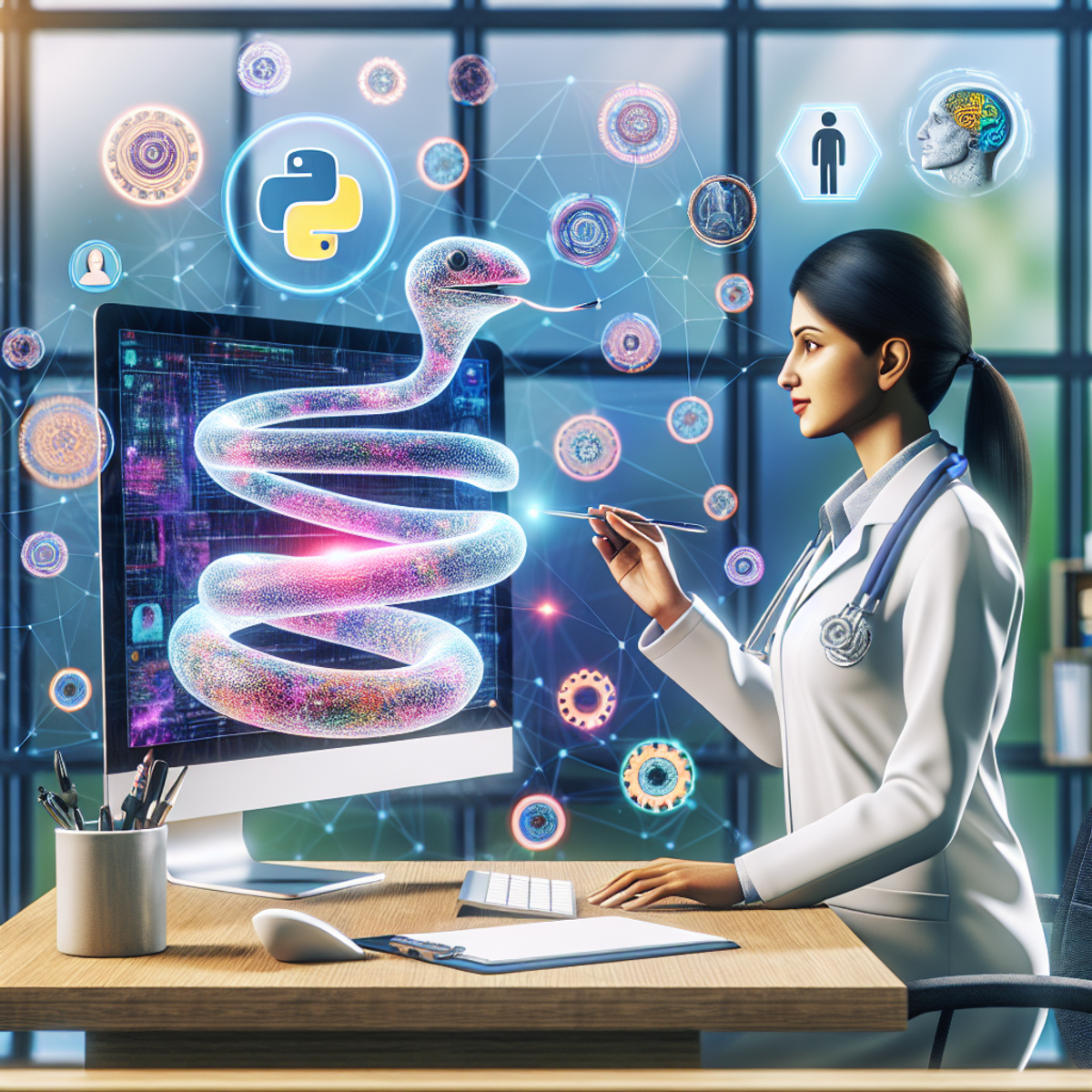 A South Asian female doctor in a telemedicine consultation, surrounded by symbols of Python, machine learning, and artificial intelligence.