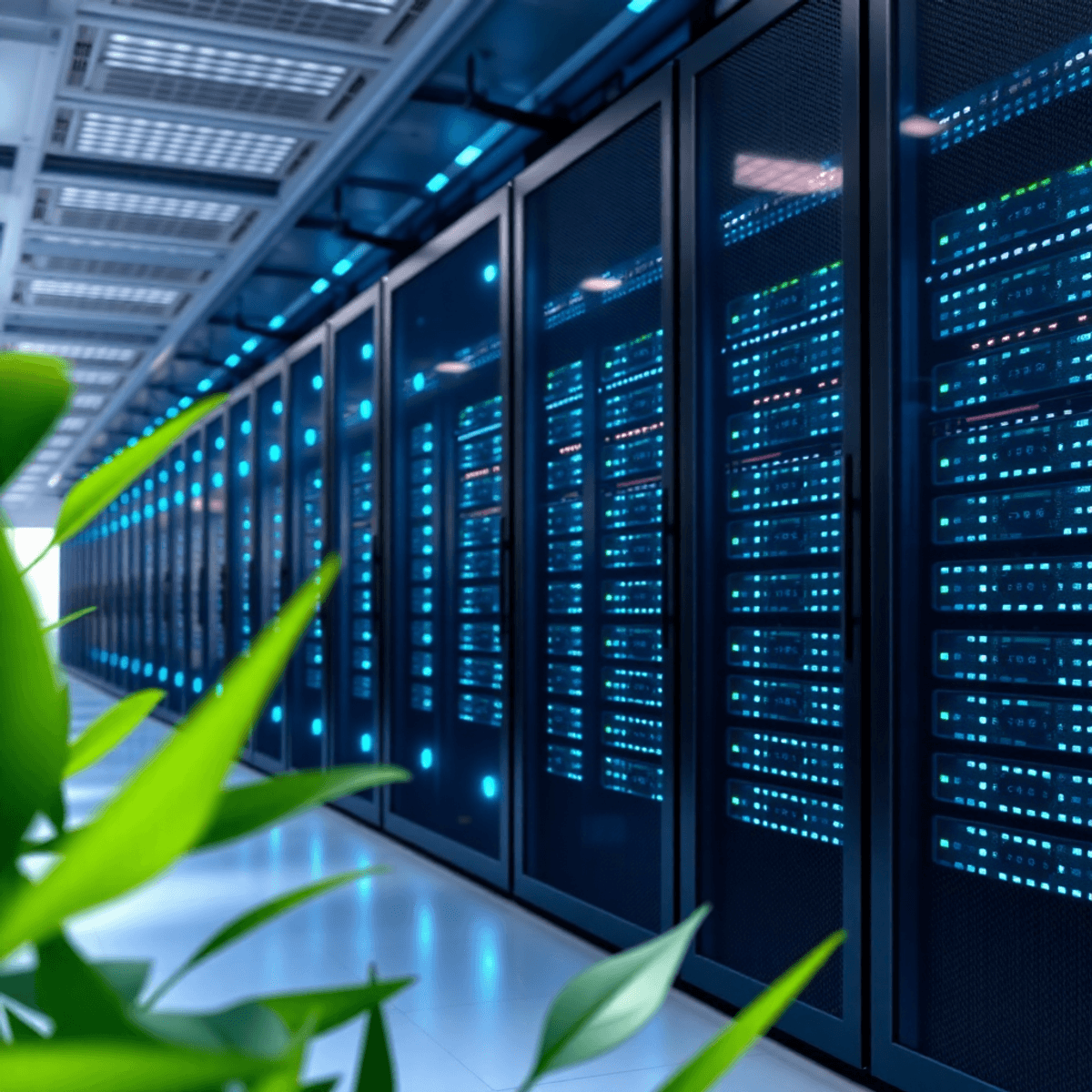 A modern data center with rows of servers bathed in soft blue light, featuring green leaves and solar panels in the foreground, symbolizing tech and sustainability.