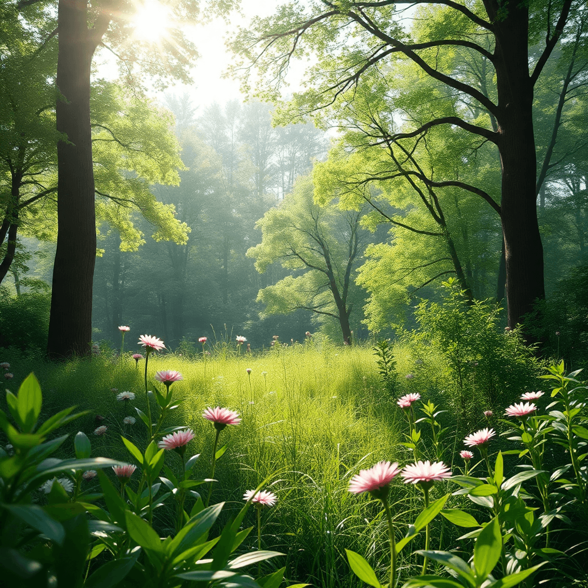 Natural Protocols for Breast Cancer 5 A peaceful natural landscape featuring lush green plants and vibrant flowers, with sunlight streaming through trees and a pink ribbon subtly woven into the scenery.