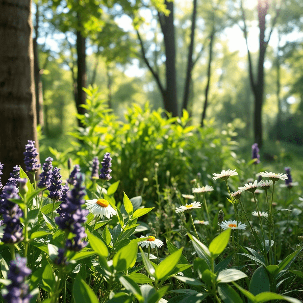 Natural Protocols for Breast Cancer 4 A tranquil nature scene showcasing healing herbs like lavender and chamomile, surrounded by lush green leaves with soft sunlight filtering through trees.