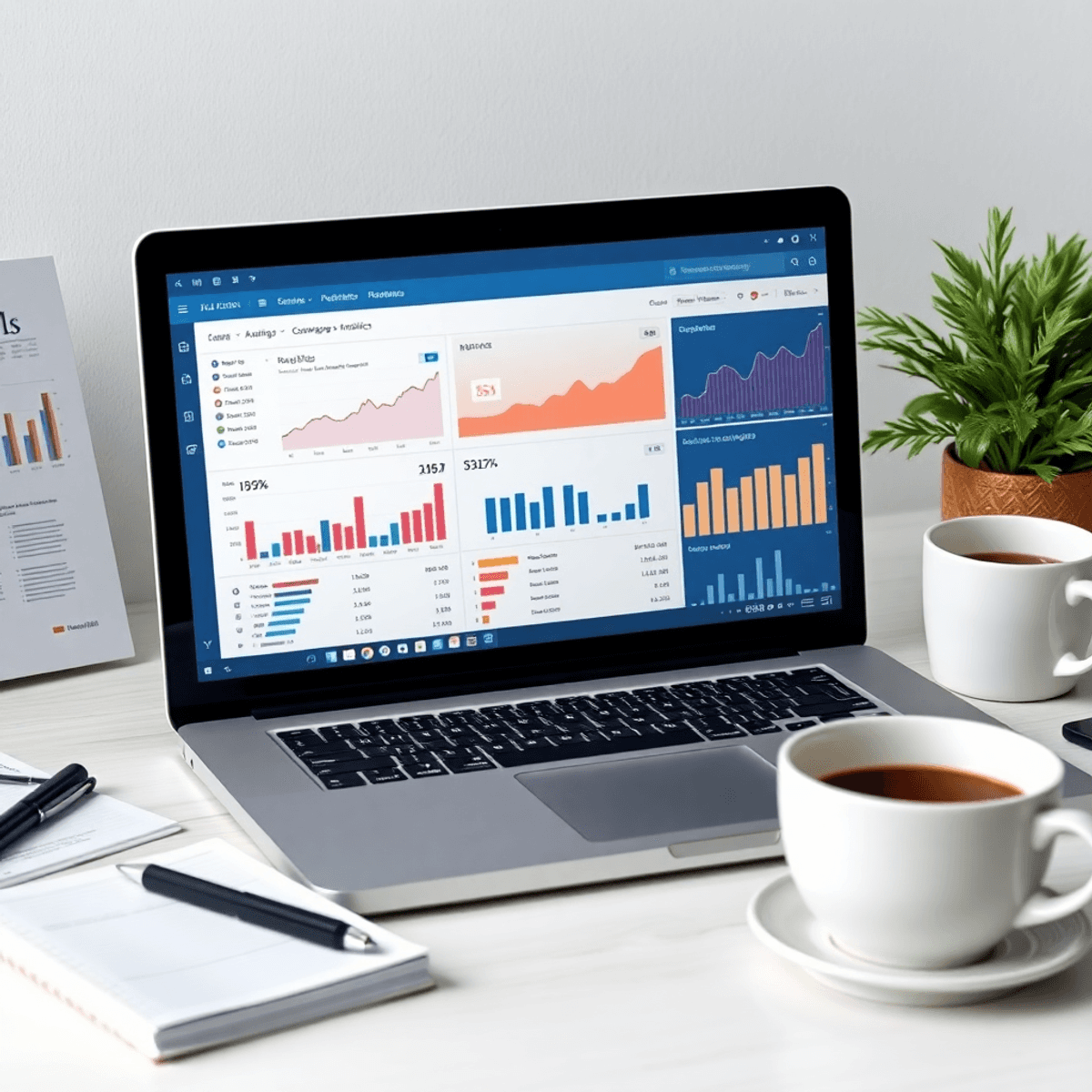 A laptop displaying e-commerce analytics with graphs and product listings, surrounded by a notepad, pen, and coffee cup in a clean, professional workspace.