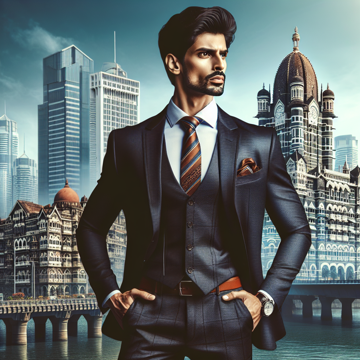 A confident Middle-Eastern male loan consultant in a suit and tie, standing in Mumbai with a secure grip on a briefcase, exuding trust and expertise amidst the vibrant cityscape.