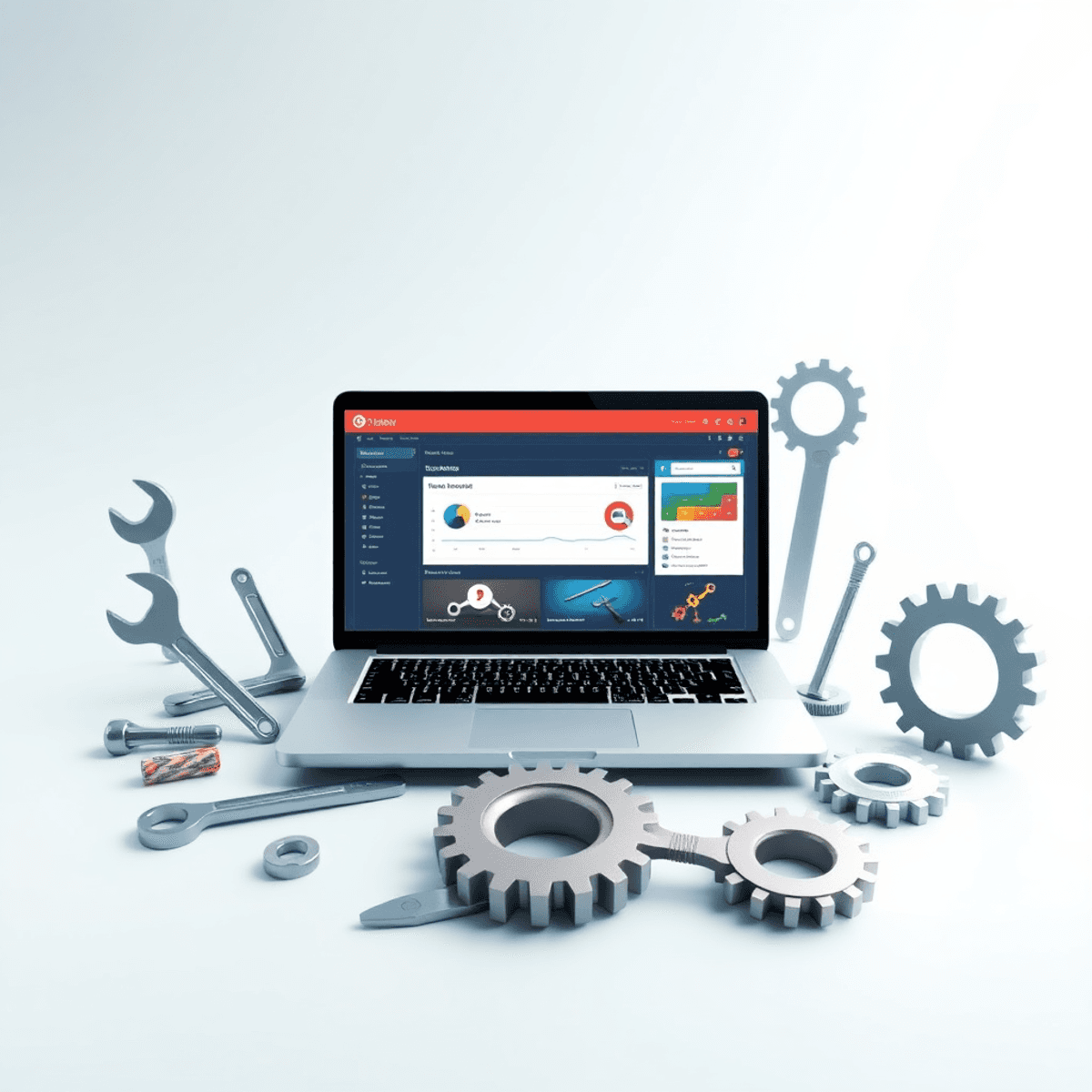 The Ultimate Guide to Hiring a WordPress Website Designer needed A modern laptop showing a colorful WordPress dashboard, surrounded by tools like wrenches and gears on a bright, fresh background.