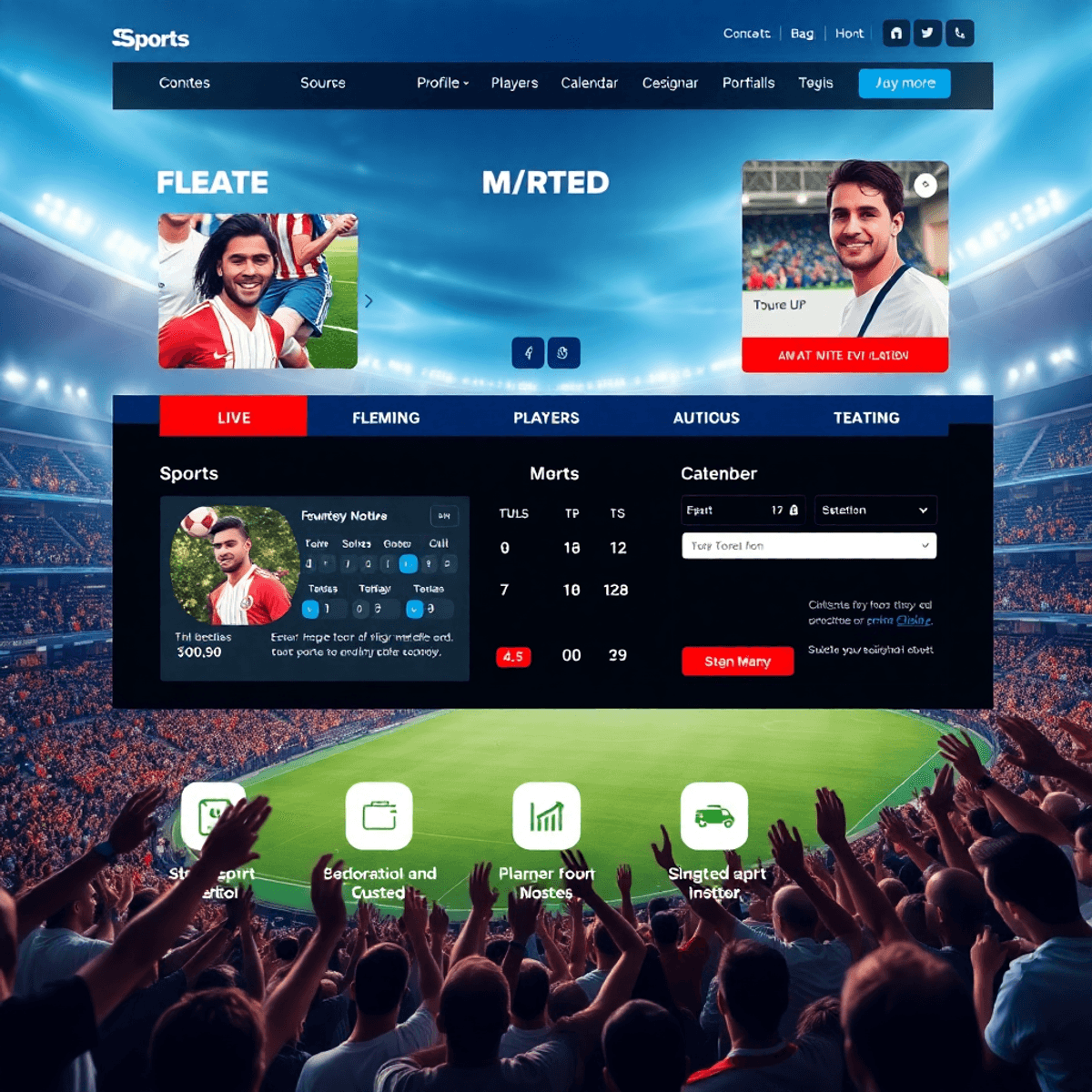 5 Proven Strategies for Crafting the Best Sports Website Design A modern sports website interface showcasing live scoreboards, player profiles, event calendars, and ticket sales, with vibrant colors and engaging multimedia visuals.