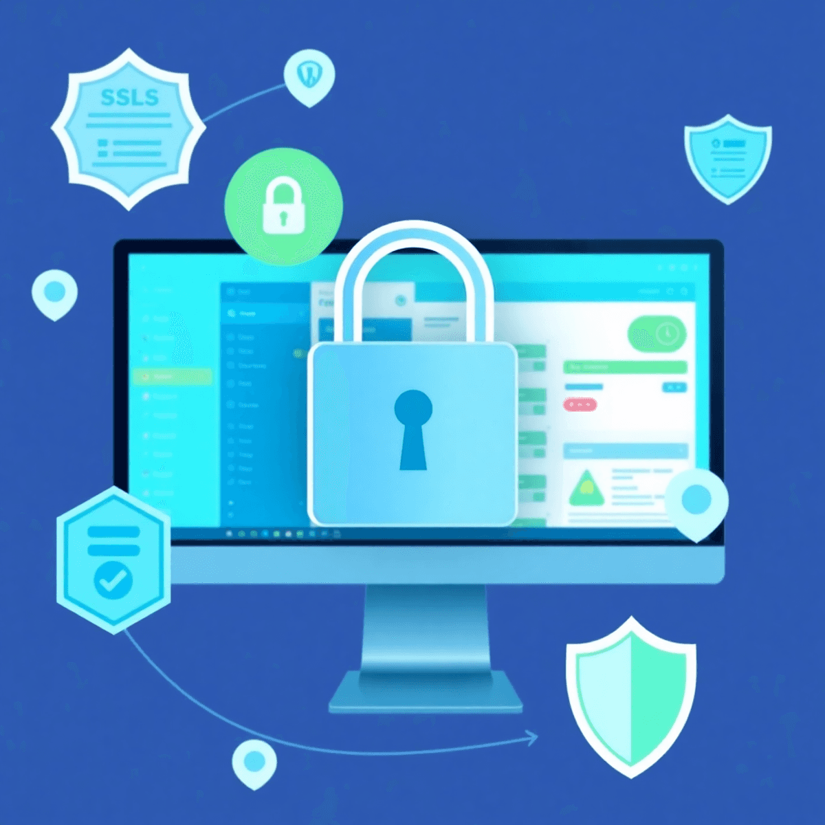 The Ultimate Guide to Hiring a WordPress Website Designer needed A computer screen displaying a WordPress dashboard with a padlock symbol, SSL certificate icons, and shield symbols, set in a modern blue and green design.