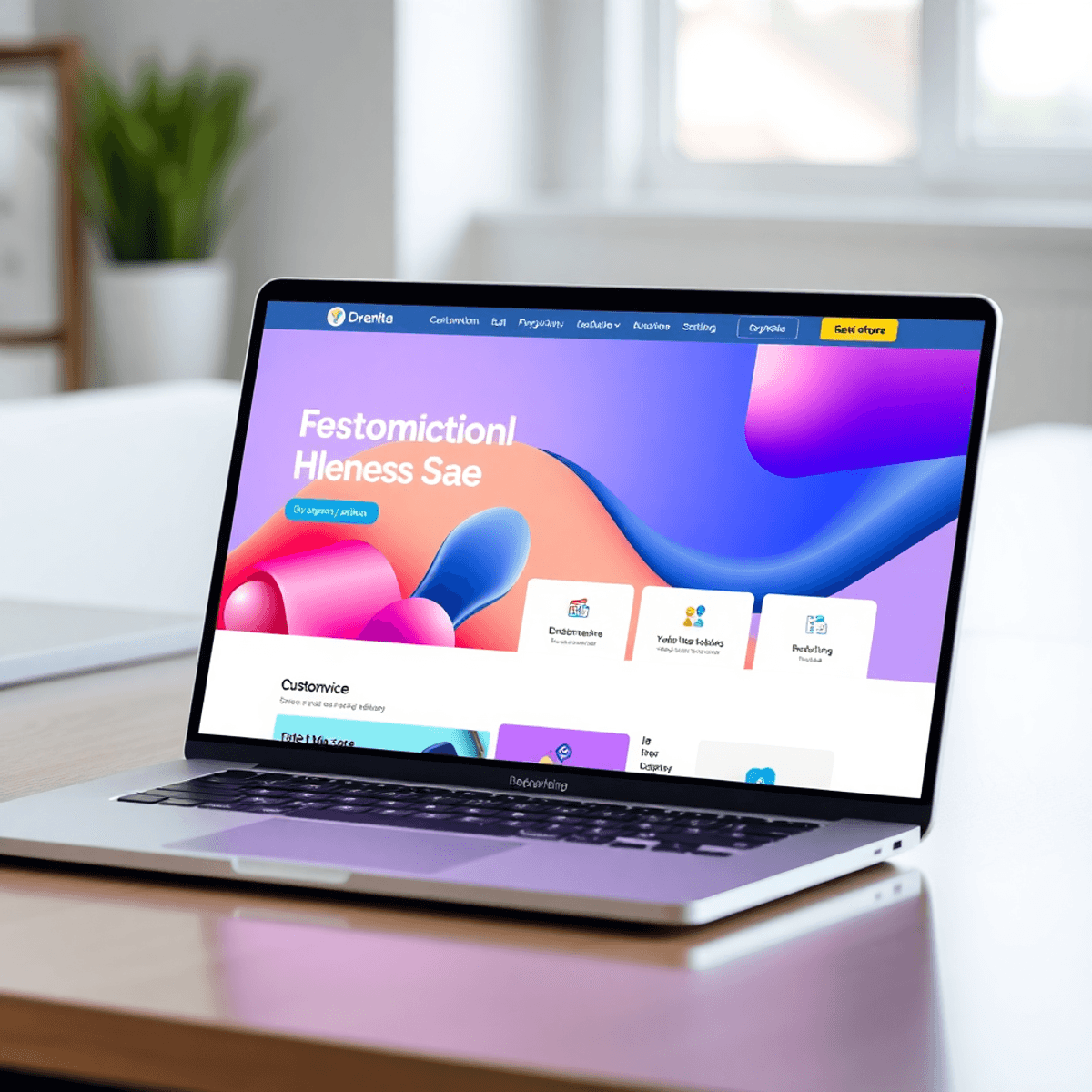 The Ultimate Guide to Hiring a WordPress Website Designer needed A laptop screen displaying a modern website interface with vibrant colors, abstract shapes, and icons for customization options, highlighting professionalism and creativity.