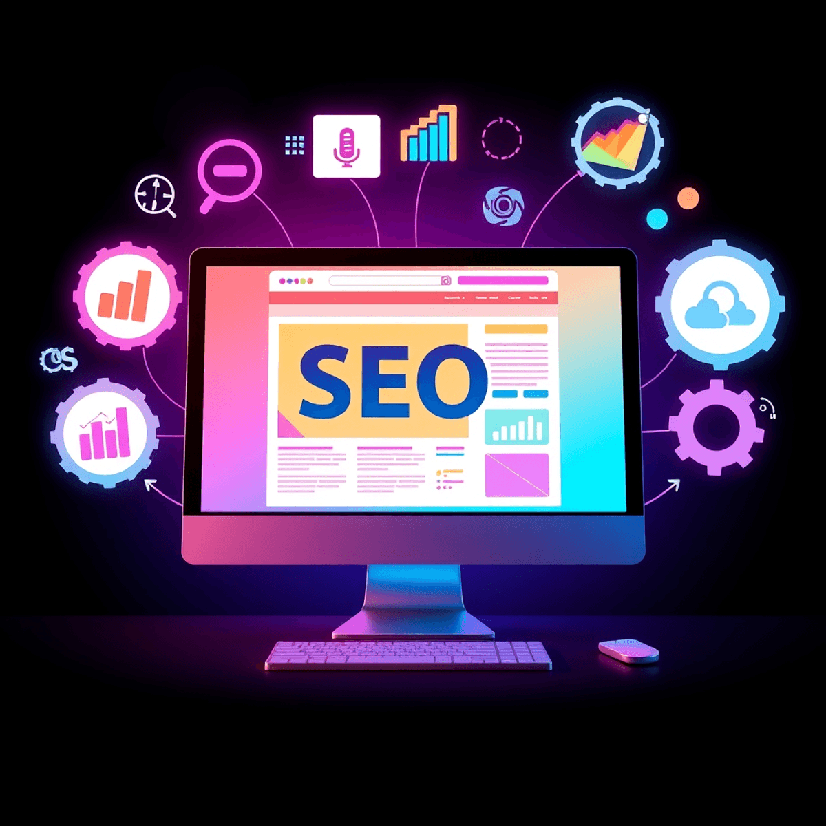 The Ultimate Guide to Hiring a WordPress Website Designer needed A vibrant desktop computer displays a website surrounded by SEO icons like graphs and magnifying glasses, symbolizing digital marketing success and growth.