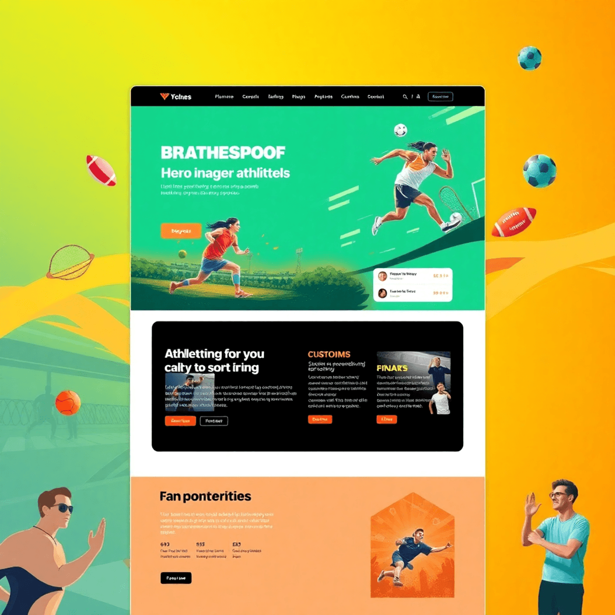 5 Proven Strategies for Crafting the Best Sports Website Design A vibrant sports website design with a minimalist layout, bold colors, dynamic hero images of athletes, custom illustrations, and interactive elements like quizzes and polls.