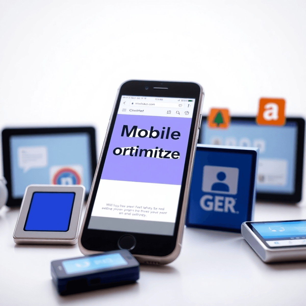 The Ultimate Guide to Hiring a WordPress Website Designer needed A smartphone showing a well-optimized website, surrounded by icons of tablets and desktops, against a bright background symbolizing mobile optimization's importance.