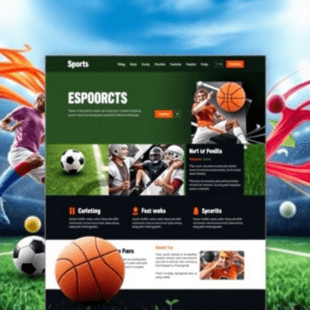 5 Proven Strategies for Crafting the Best Sports Website Design A vibrant sports website design showcasing dynamic graphics, symbols of soccer, basketball, and football, with a sleek layout and energetic background.