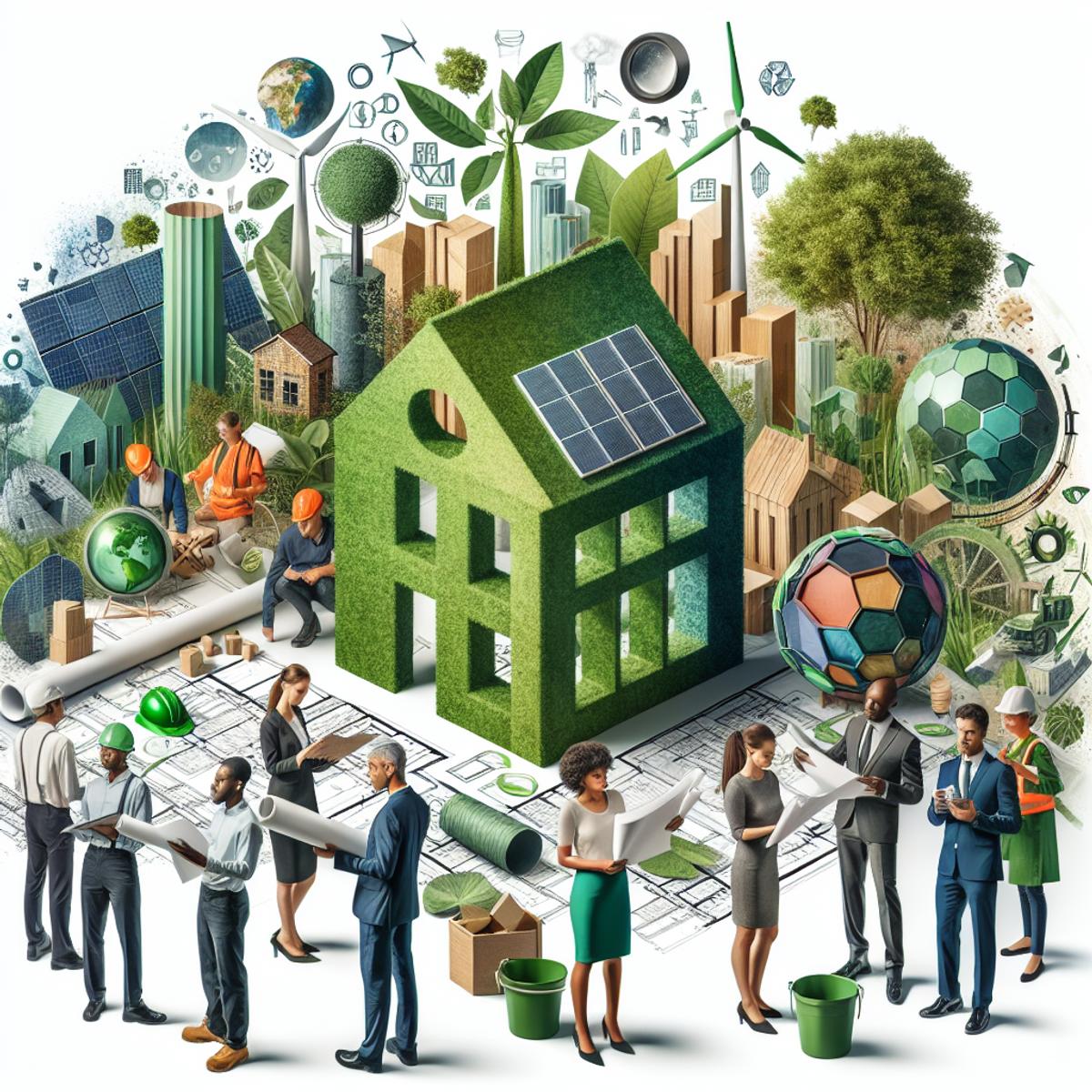 A diverse group of green building consultants analyzing blueprints surrounded by solar panels, wind turbines, a model of a green building, and environmentally friendly construction materials.
