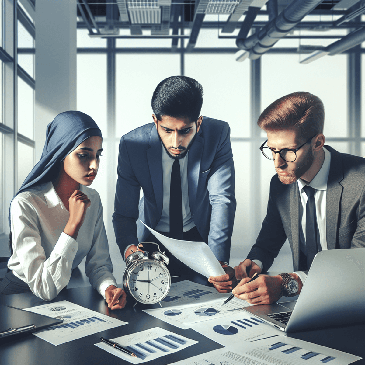 A diverse group of business professionals, including a Middle Eastern woman, an Asian man, and a Black man, are gathered around a table covered with financial papers and diagrams in a modern office. They are engaged in an intense discussion, with laptops open in front of them and a wall clock prominently displaying the time, emphasizing the urgency of their collaboration on funding for small and medium enterprises. The atmosphere conveys a sense of urgency and focus.