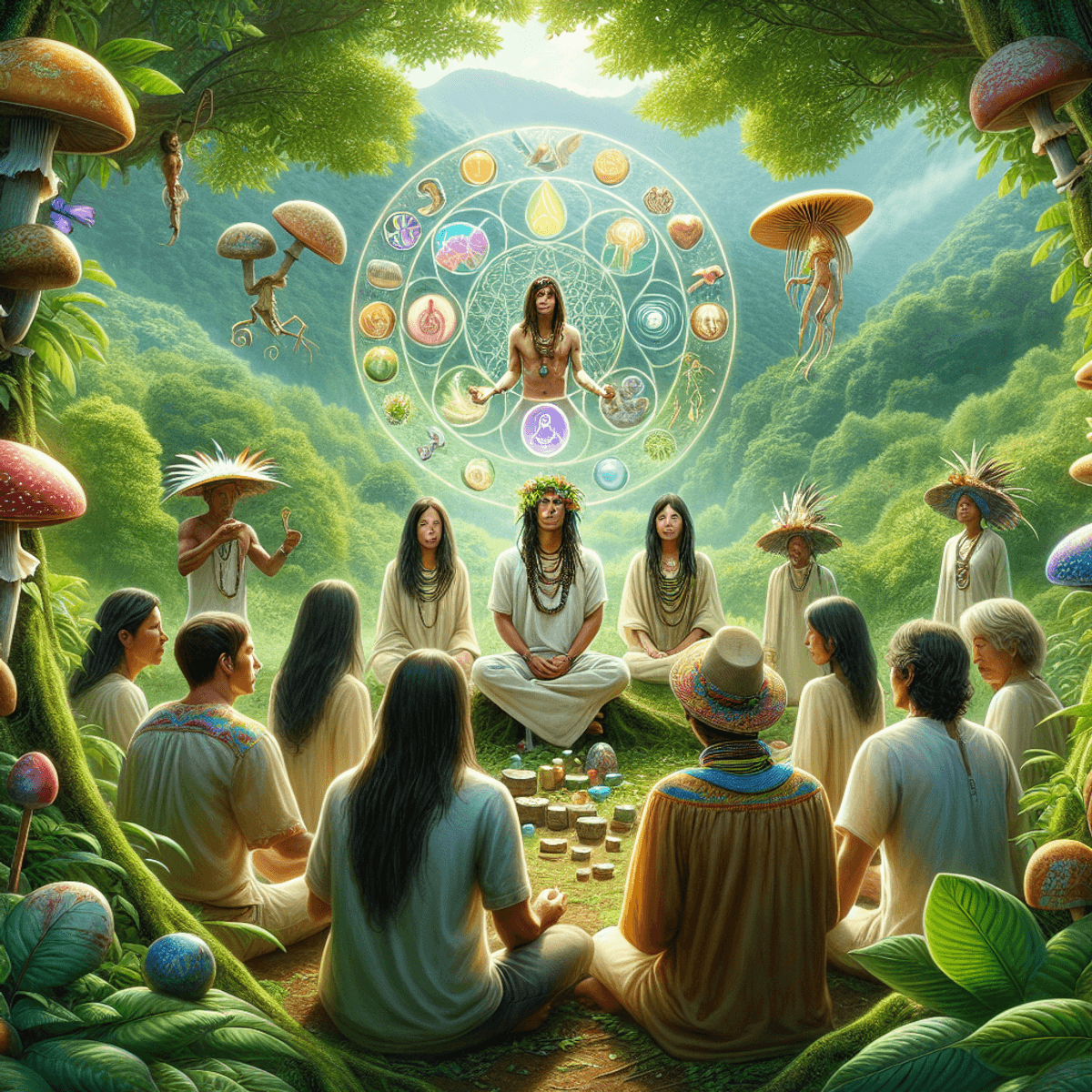 A serene natural environment filled with lush greenery, featuring a Caucasian woman, an Asian man, and a Hispanic woman engaged in a spiritual ceremony. Symbols of plant medicines like Ayahuasca and Psilocybin re visibly integrated into the scene, highlighting their deep connection to nature and spirituality.