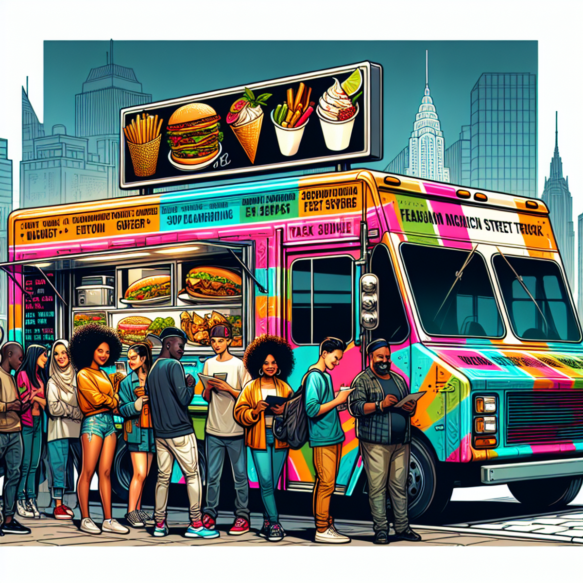 A vibrant and distinctive food truck with modern aesthetics and vivid color schemes, featuring bold graphics symbolizing the unique cuisine served. It is stationed in an active city street, encircled by a diverse crowd including a Black woman, a Hispanic man, a South Asian teenager, and a Middle Eastern elderly person, all in casual street attire, excitedly waiting in line to order their meals.