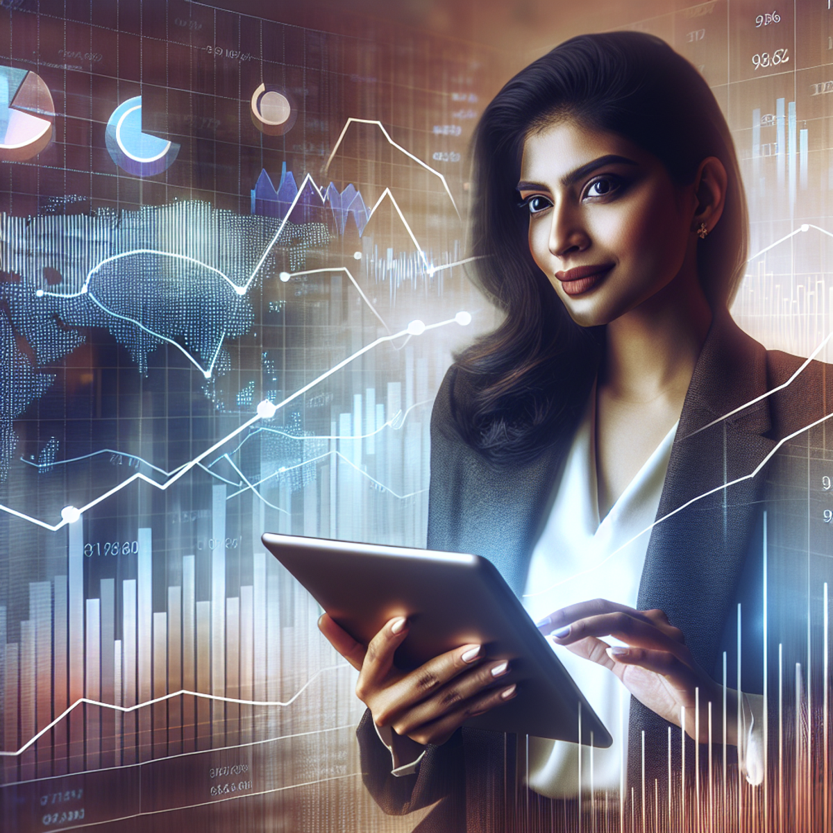 A South Asian woman confidently holding a digital tablet surrounded by abstract financial charts and graphs.