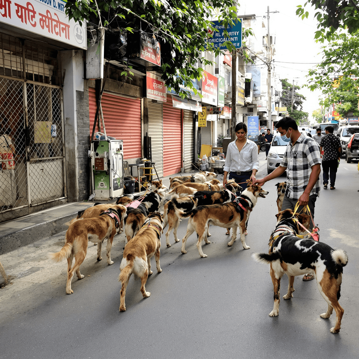 एक समूह स्वस्थ आवारा कुत्तों का एक शहरी सड़क पर शांति से घूम रहा है, जहां स्वयंसेवक धीरे-धीरे बातचीत कर रहे हैं, जो मानवता के साथ व्यवहार और सामुदायिक समर्थन का प्रतीक है।