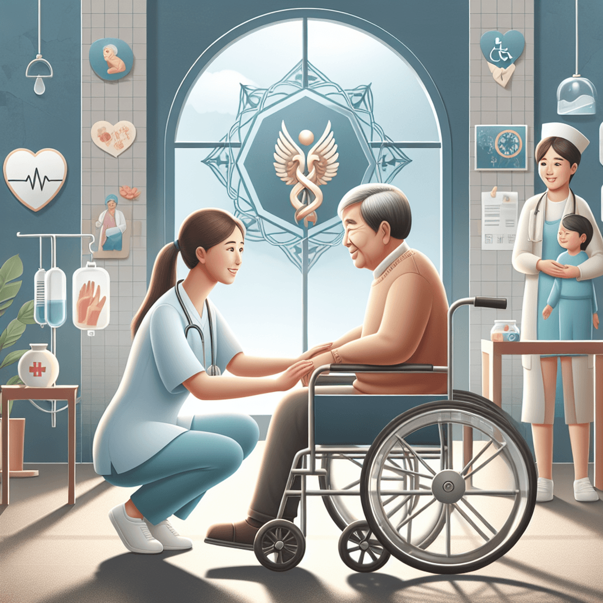 Spinal Injury or Accident 3 एक दयालु हिपैनिक स्वास्थ्य पेशेवर, एक एशियाई मरीज को पुनर्वास केंद्र में चिकित्सा देखभाल प्रदान कर रहा है। वातावरण गर्मजोशी और समर्थन से भरा हुआ है, जिसमें चिकित्सा उपकरण और स्वागतयोग्य माहौल शामिल हैं। यह दृश्य निस्वार्थ चिकित्सा उपचार और वंचित व्यक्तियों के लिए सशक्तिकरण का महत्वपूर्ण संदेश देता है, जो आशा और उपचार का प्रतीक है।