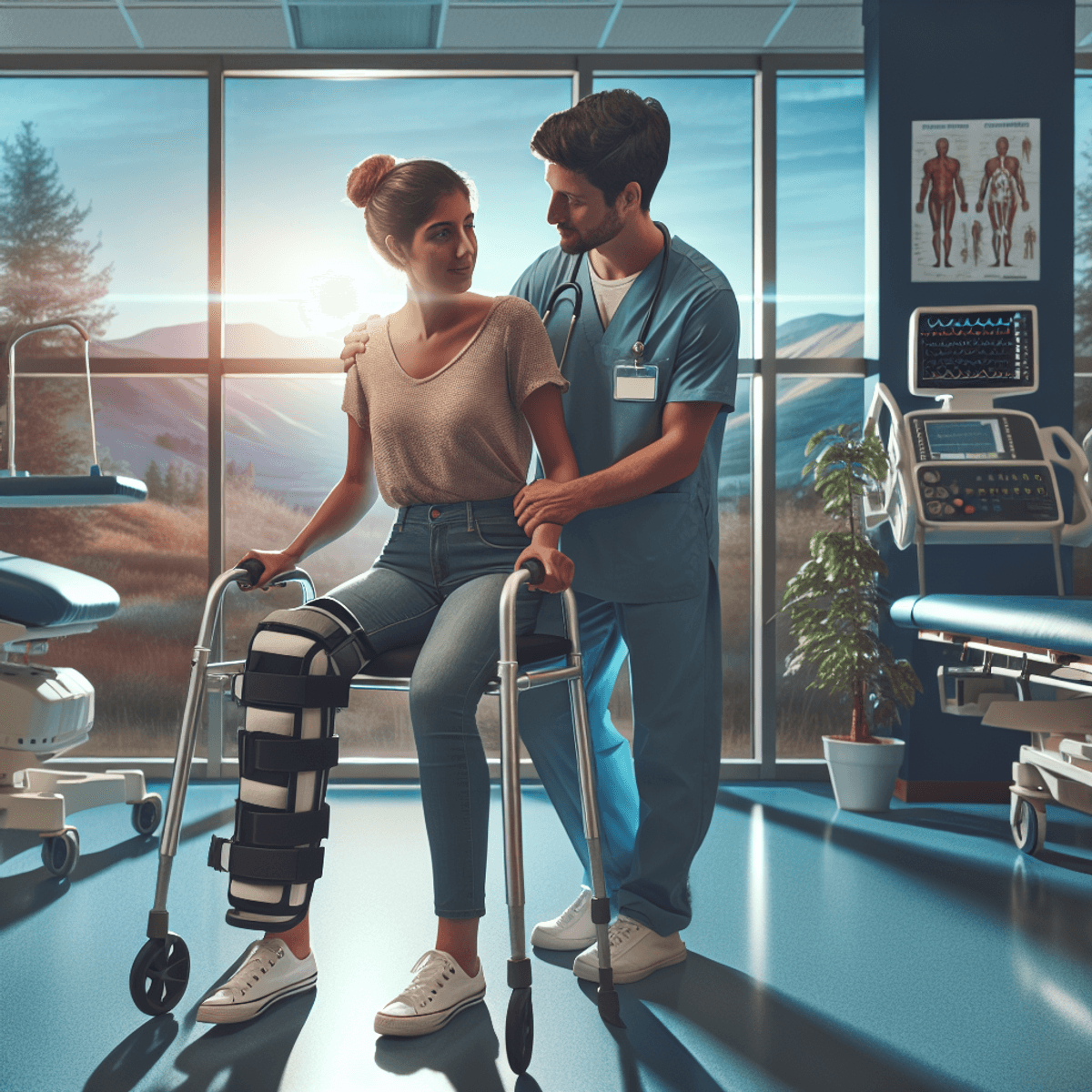 Spinal Injury or Accident 2 एक देखभाल करने वाले स्वास्थ्य पेशेवर, जो हिस्पैनिक वंश के हैं, एक काकेशियन महिला मरीज की मदद कर रहे हैं, जो रीढ़ की चोट से ग्रसित हैं। मरीज विशेष वॉकर का उपयोग कर रही हैं। चारों ओर का वातावरण सकारात्मकता और आशा को दर्शाता है, जिसमें तेज रोशनी, खिड़कियां जो खूबसूरत प्राकृतिक दृश्य दिखाती हैं, जीवन रक्षक उपकरण और दीवारों पर प्रेरणादायक पोस्टर शामिल हैं, जिन पर कोई पढ़ने योग्य पाठ नहीं है।