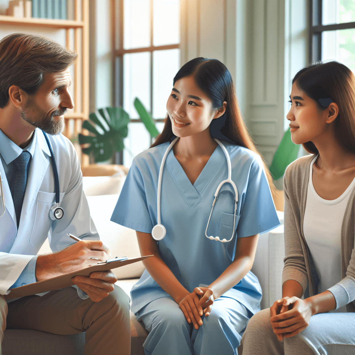 Spinal Injury or Accident 4 एक पुनर्वास केंद्र में स्वास्थ्य सेवा पेशेवरों का एक समूह, जिसमें एक काकेशियन पुरुष डॉक्टर सफेद कोट में और गले में स्टेथोस्कोप के साथ है, और एक एशियाई महिला नर्स हल्के नीले स्क्रब्स में मुस्कुराते हुए। वे एक मध्य-पूर्वी महिला मरीज के साथ उपचार योजनाओं पर गहरी बातचीत कर रहे हैं, जो कैजुअल कपड़े पहने हुए है और आशावादी दिखती है। चारों ओर का वातावरण गर्म और स्वागत योग्य है - पेस्टल रंग, आरामदायक बैठने की व्यवस्था, नरम रोशनी और इनडोर पौधे, जो उम्मीद, सुधार और स्वास्थ्य की दिशा में यात्रा का संकेत देते हैं।