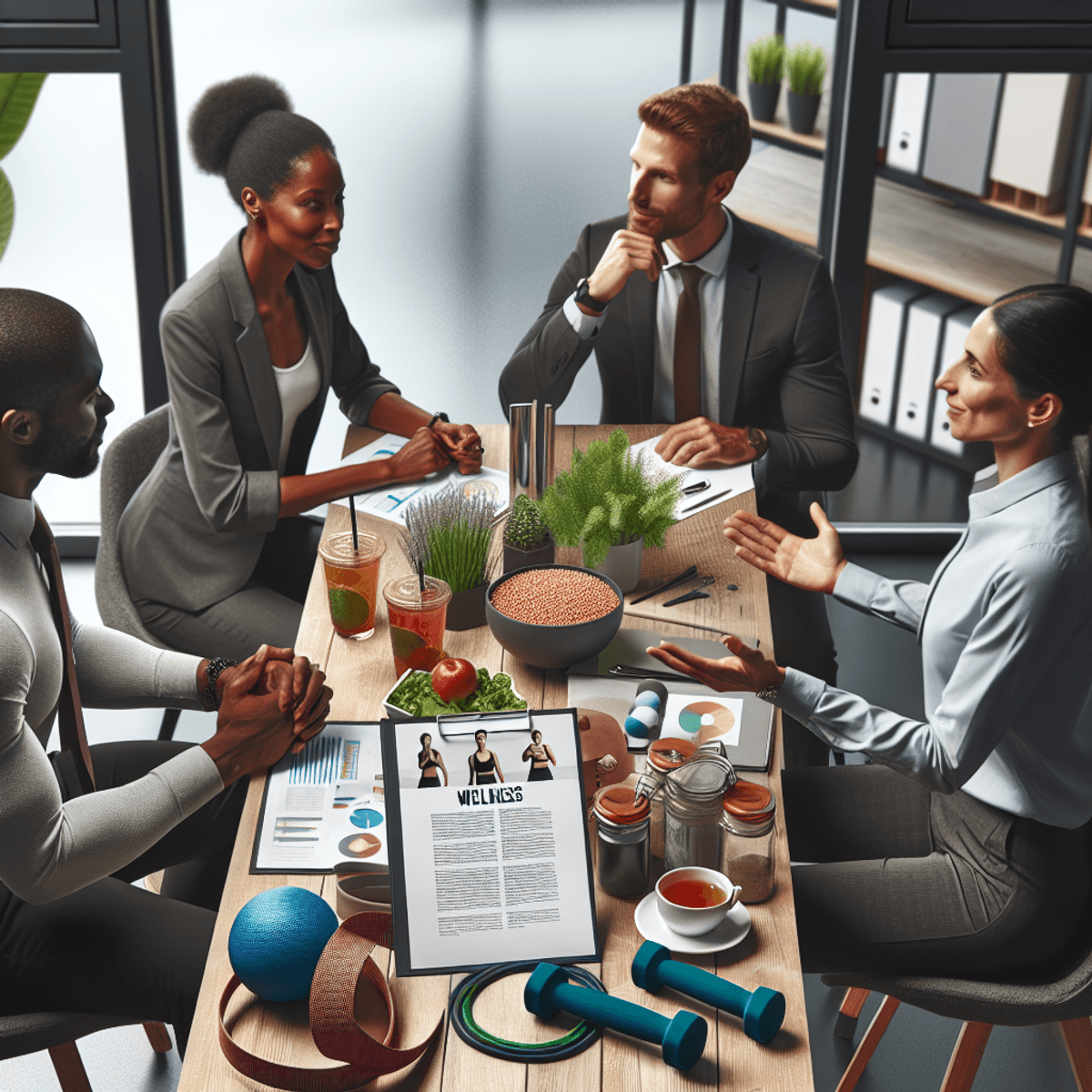 Doctors Partnership With Disha Arogya Dham 10 A diverse group of professionals, including a Black woman, a Hispanic man, a Caucasian woman, and a Middle-Eastern man, are engaged in a business meeting in a modern office. The space features wellness elements like fitness equipment, including a resistance band and balance ball, along with health-related items such as organic teas and green plants, creating a vibrant atmosphere that emphasizes well-being and workplace health consciousness.