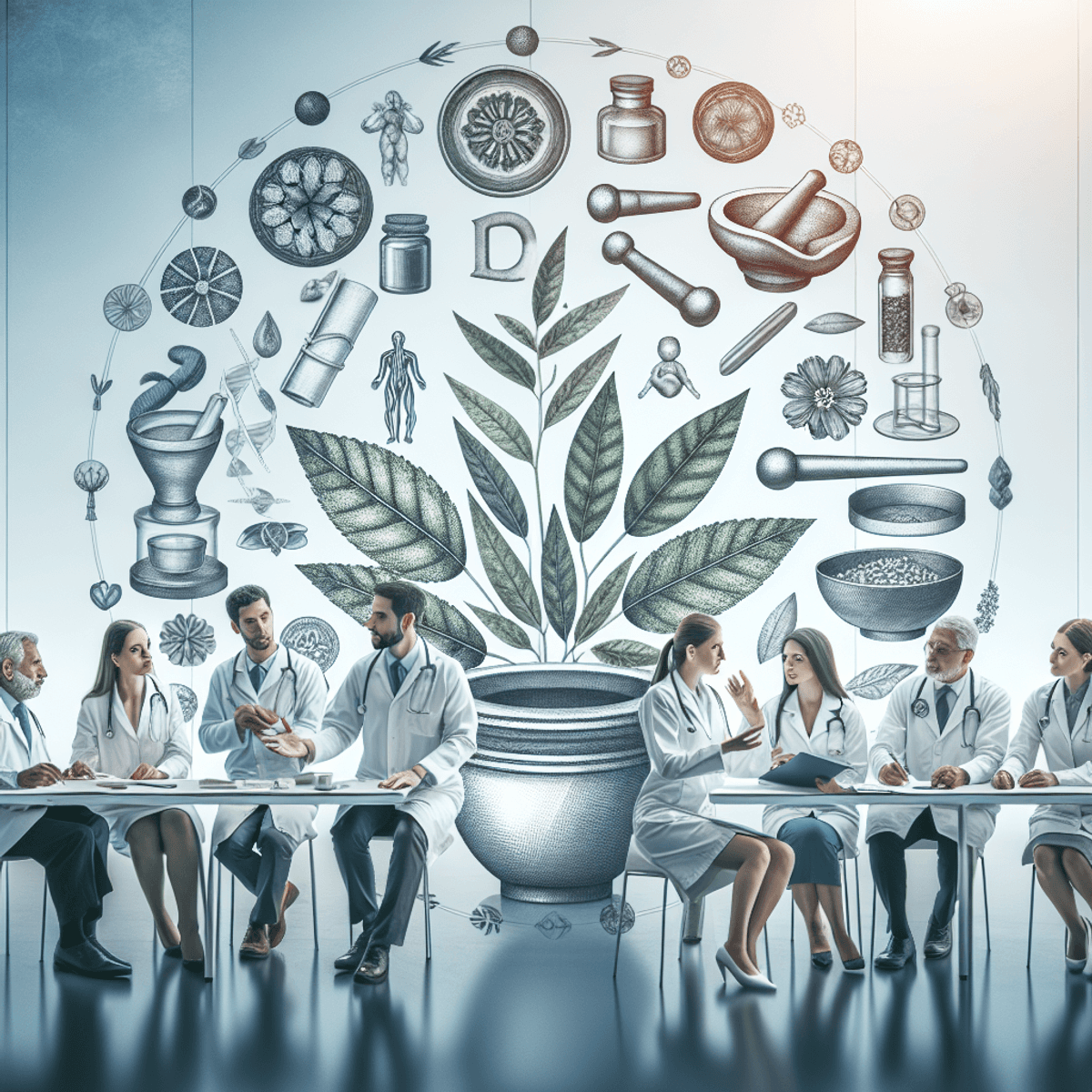 Doctors Partnership With Disha Arogya Dham 4 A diverse group of healthcare professionals, including Caucasian and Hispanic individuals, engaged in a collaborative discussion in a modern medical office. They are surrounded by elements symbolizing ancient traditions, such as herbal leaves on the table, a mortar and pestle, vintage scrolls with medical diagrams hanging on the wall, and a few healing crystals placed thoughtfully among their discussion materials. The professionals exhibit expressions of curiosity and respect as they share ideas, highlighting a blend of contemporary and traditional healing practices.
