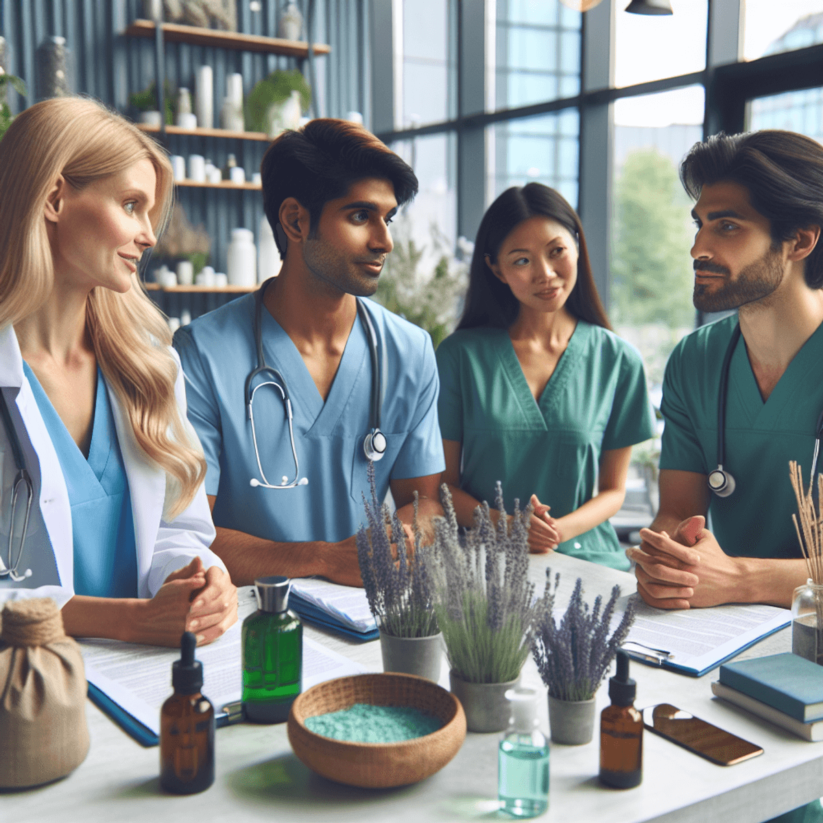 Doctors Partnership With Disha Arogya Dham 8 A diverse group of healthcare professionals in a modern clinic setting, featuring a Caucasian female doctor in blue scrubs and a South Asian male doctor in green scrubs engaged in conversation. The background showcases elements of traditional and holistic medicine, including herbal plants like lavender and eucalyptus, along with wellness products such as massage oils and mineral bath salts. The atmosphere reflects cooperation and innovation among the team as they discuss strategies.