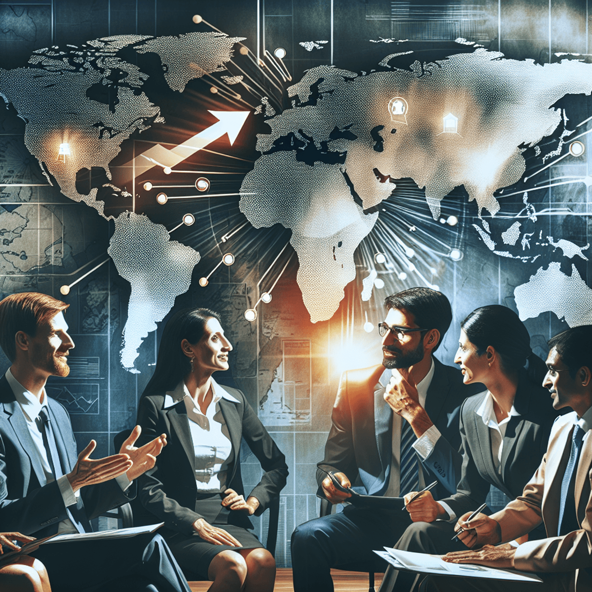 Doctors Partnership With Disha Arogya Dham 7 A diverse group of professionals, including individuals of Caucasian, Asian, and Hispanic descent, animatedly discussing job opportunities in a modern office setting. The background features maps of India with symbolic points highlighting various regions, symbolizing growth and expansion. The focus is on their collaboration and teamwork.