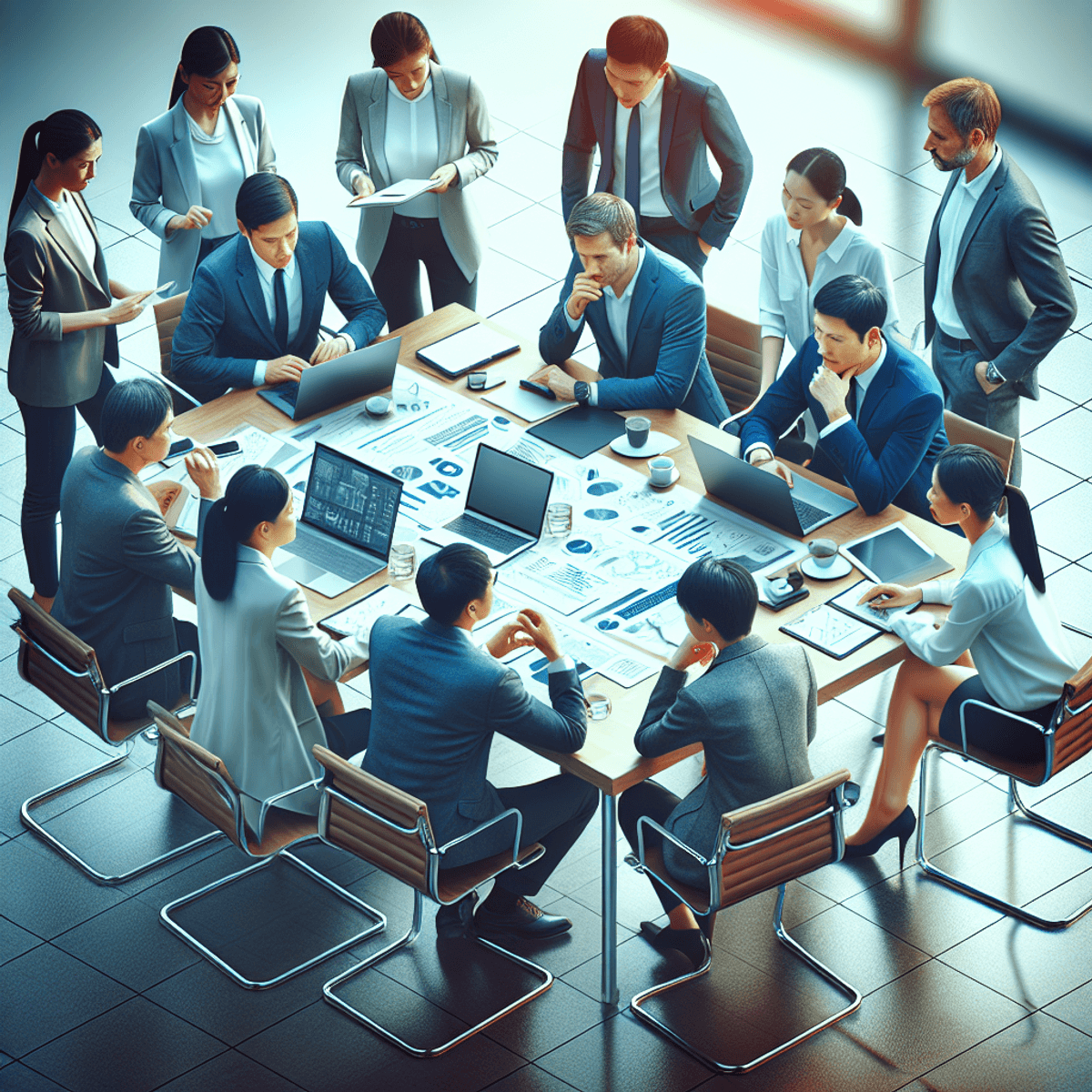 Doctors Partnership With Disha Arogya Dham 5 A diverse group of professionals, including Asian and Caucasian individuals, engaged in a dynamic business meeting around a table filled with laptops and documents. They are actively discussing ideas, showcasing teamwork and cooperation in a lively atmosphere. The scene captures their expressions of focus and collaboration, reflecting the essence of a strategic discussion.