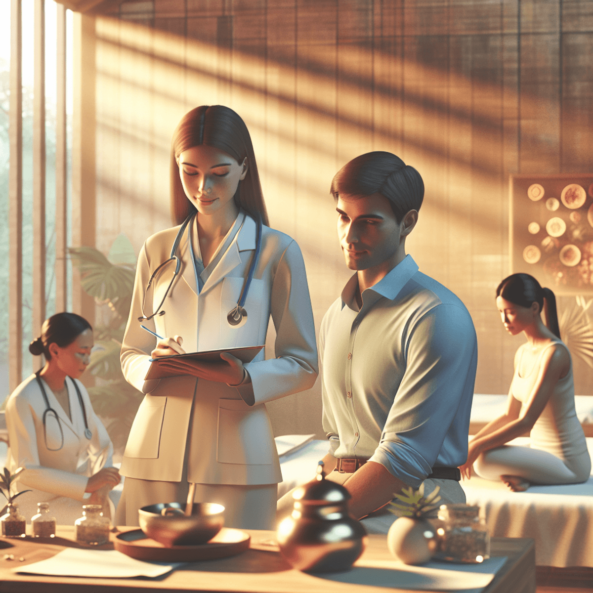 Doctors Partnership With Disha Arogya Dham 6 A serene image depicting a Caucasian woman doctor and an Asian man nurse in an Ayurveda hospital. They are surrounded by lush green plants, with soft, warm lighting illuminating the room. The atmosphere exudes tranquility and healing, with elements like wooden furnishings and natural materials enhancing the holistic environment. The professionals are engaged in a supportive discussion, symbolizing collaboration in patient care, while the calming presence of nature reinforces the theme of holistic healing.