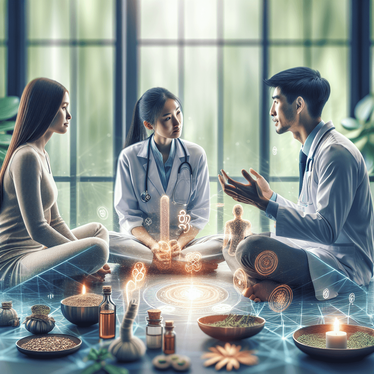 Doctors Partnership With Disha Arogya Dham 2 A Caucasian female doctor and an Asian male doctor are engaged in a focused discussion in a serene clinic setting, surrounded by lush indoor plants and various herbal remedies. The room is filled with natural light, enhancing the calming atmosphere that embodies Ayurvedic and Naturopathic principles. Both doctors are dressed in white coats, with medical charts and holistic health materials laid out on a wooden table, symbolizing their commitment to holistic health and wellness.