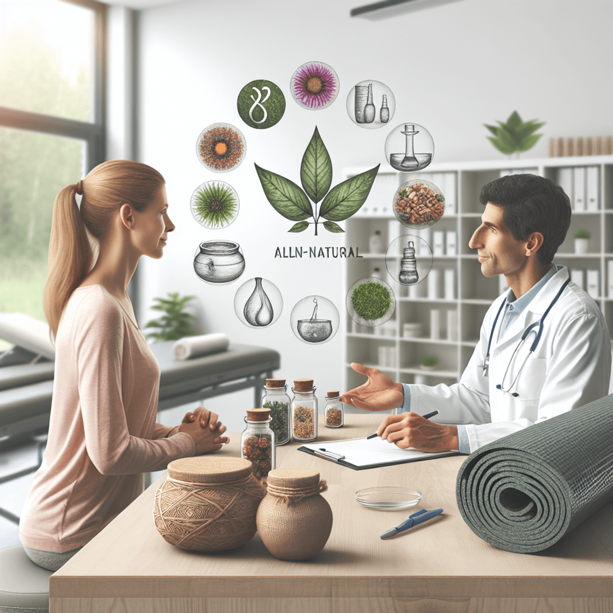 Doctors Partnership With Disha Arogya Dham 3 A serene health clinic interior featuring a Caucasian woman and an Asian man in professional attire engaged in a thoughtful conversation. The environment is adorned with containers of Ayurvedic herbs, neatly rolled yoga mats, and an array of natural remedies in elegant packaging, all contributing to a holistic healthcare atmosphere. Soft lighting enhances the tranquil setting, with plants and calming colors adding to the peaceful ambiance.