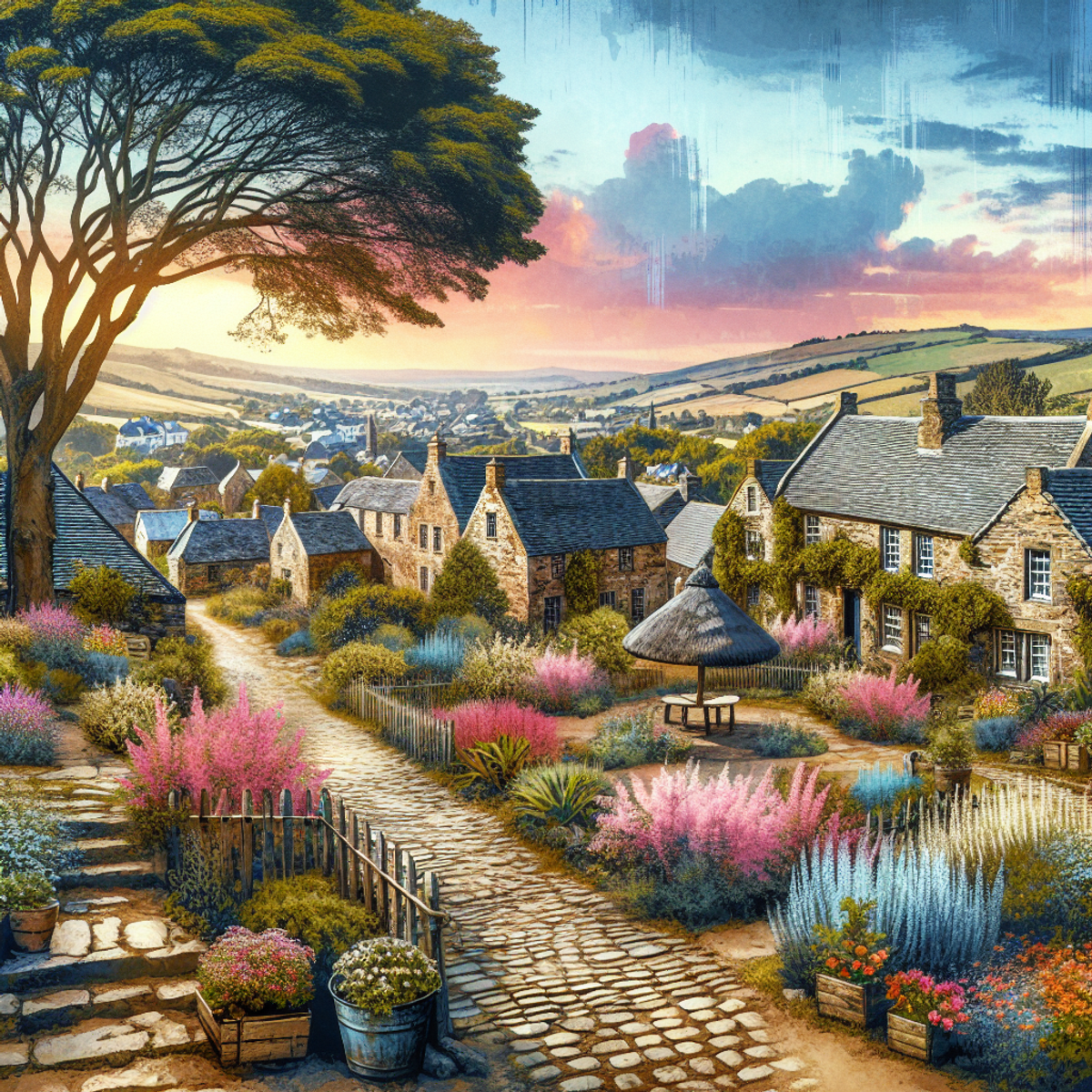 A serene village with cobblestone paths, stone houses, colorful gardens, and a vibrant sunset over the rolling countryside.