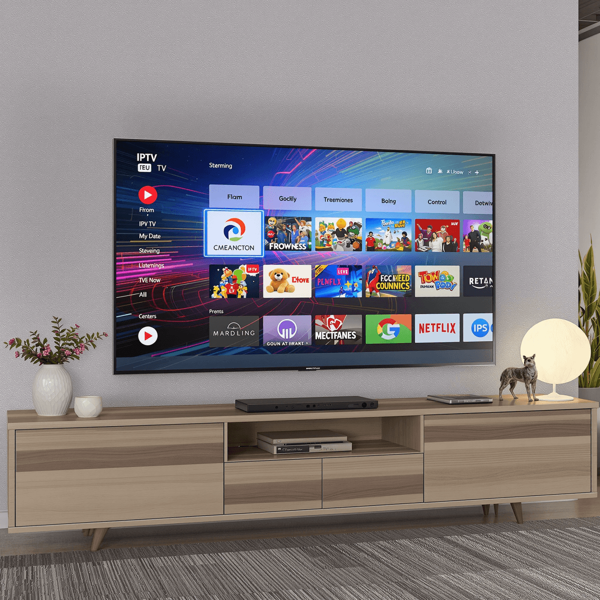 IPTV – Watch Best Live TV, Sports & Movies Online in 2025 1 Modern living room with a sleek smart TV showing a vibrant IPTV interface and various streaming and global channel icons.