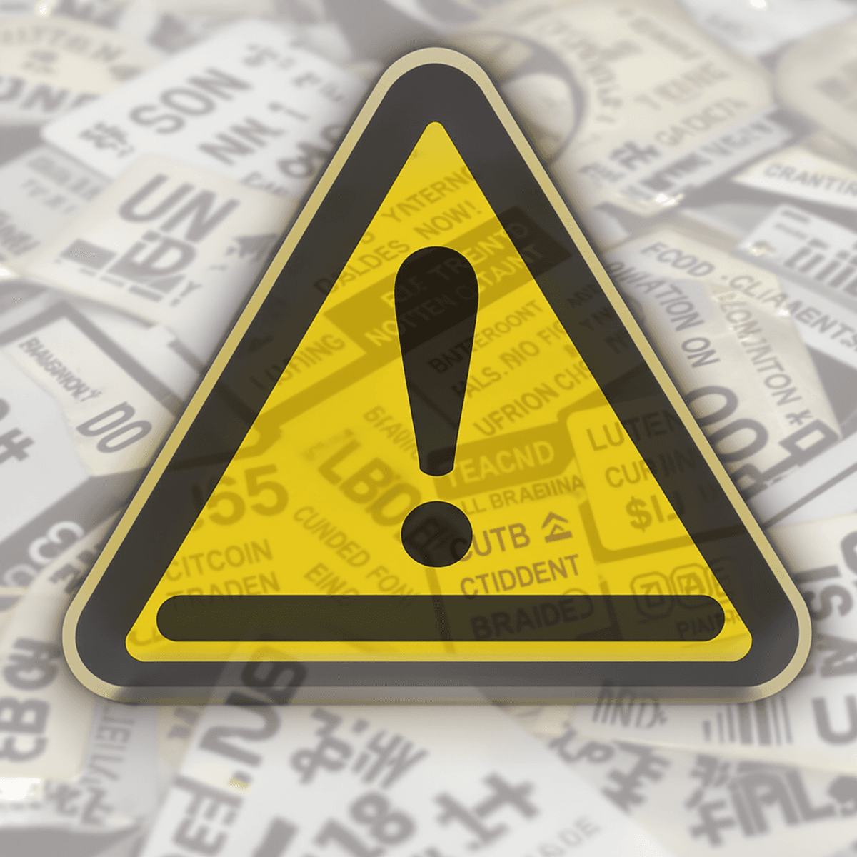 A caution sign overlaying a digital currency background, conveying urgency and alertness about investment risks in unregulated online trading platforms.