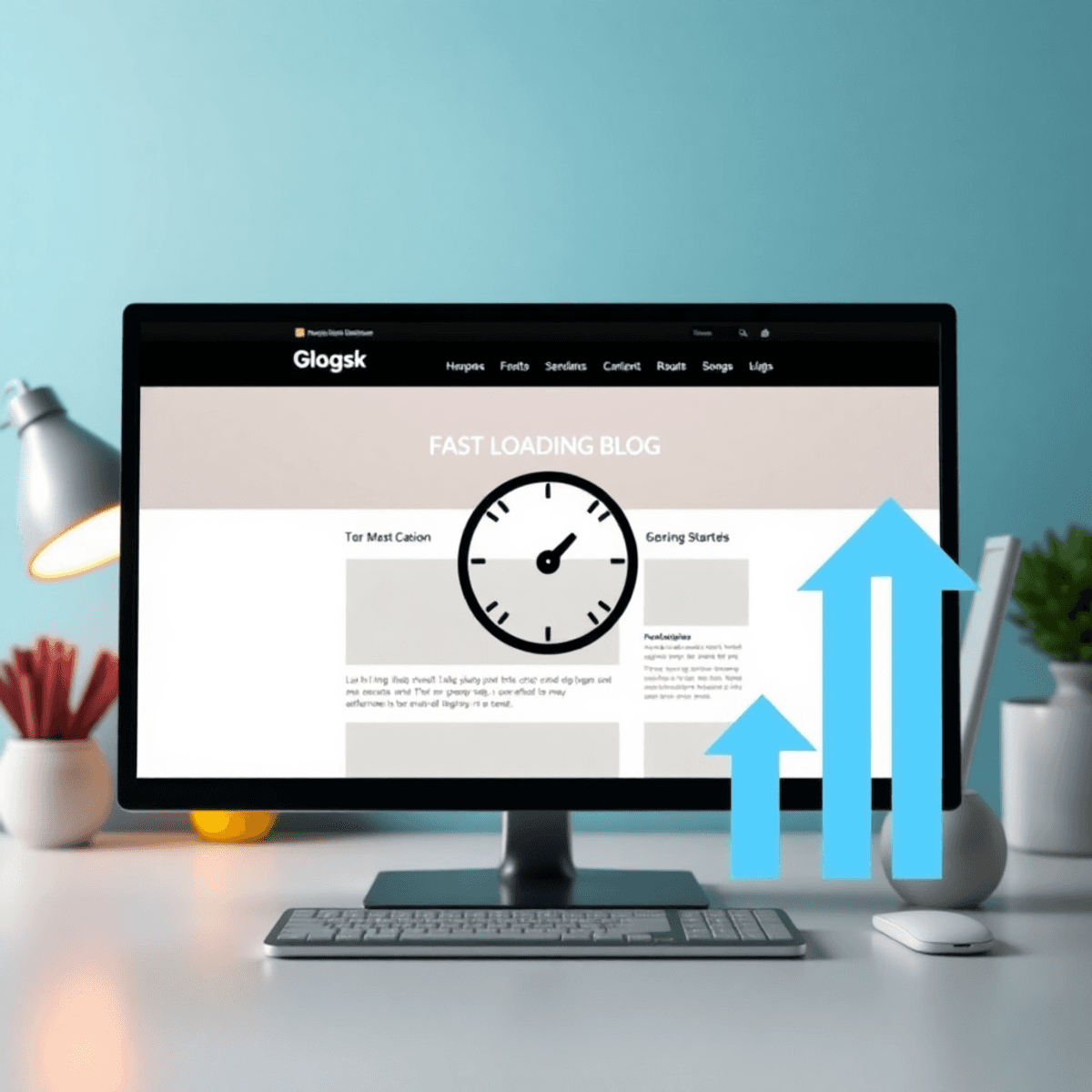 A computer screen shows a fast-loading blog template with a stopwatch icon. Bright background, laptop, mobile device, and upward arrows symbolize technology and growth.