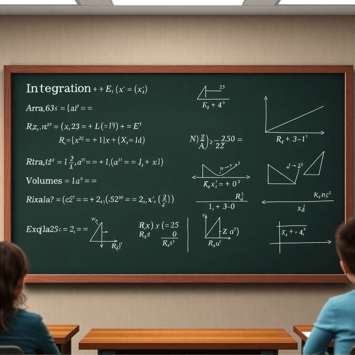 A chalkboard in a classroom filled with intricate mathematical equations, integral symbols, and geometric shapes illustrating areas and volumes, creating an educational atmosphere.