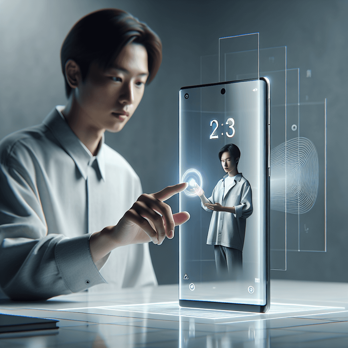 A young East Asian man is interacting with a sleek, buttonless smartphone, showcasing its all-screen design. He is using gesture control, emphasizing the innovative technology. The minimalist surface beneath the phone enhances its futuristic appeal, while the elegant and uncomplicated background further highlights the modern aesthetic of the scene.