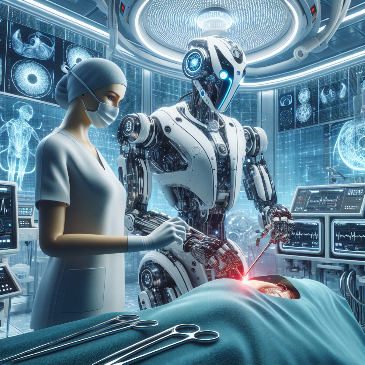 A Caucasian female surgeon and a sleek, futuristic surgical robot work together in a high-tech operating room, showcasing a harmonious collaboration between human skill and advanced technology.