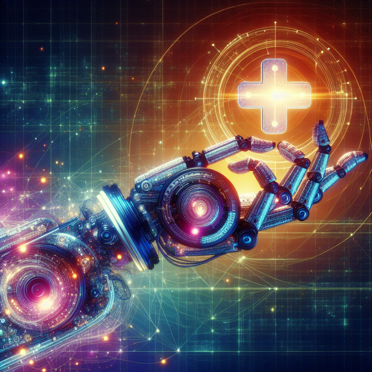 Robotic arm holding a cross symbol in futuristic setting.