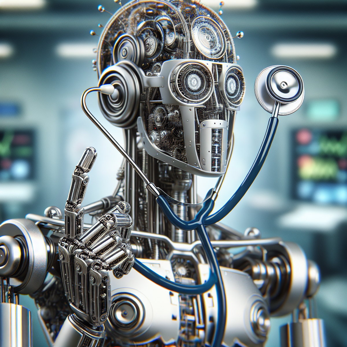 A futuristic mechanical robot holding a shiny stethoscope in a sterile medical environment.