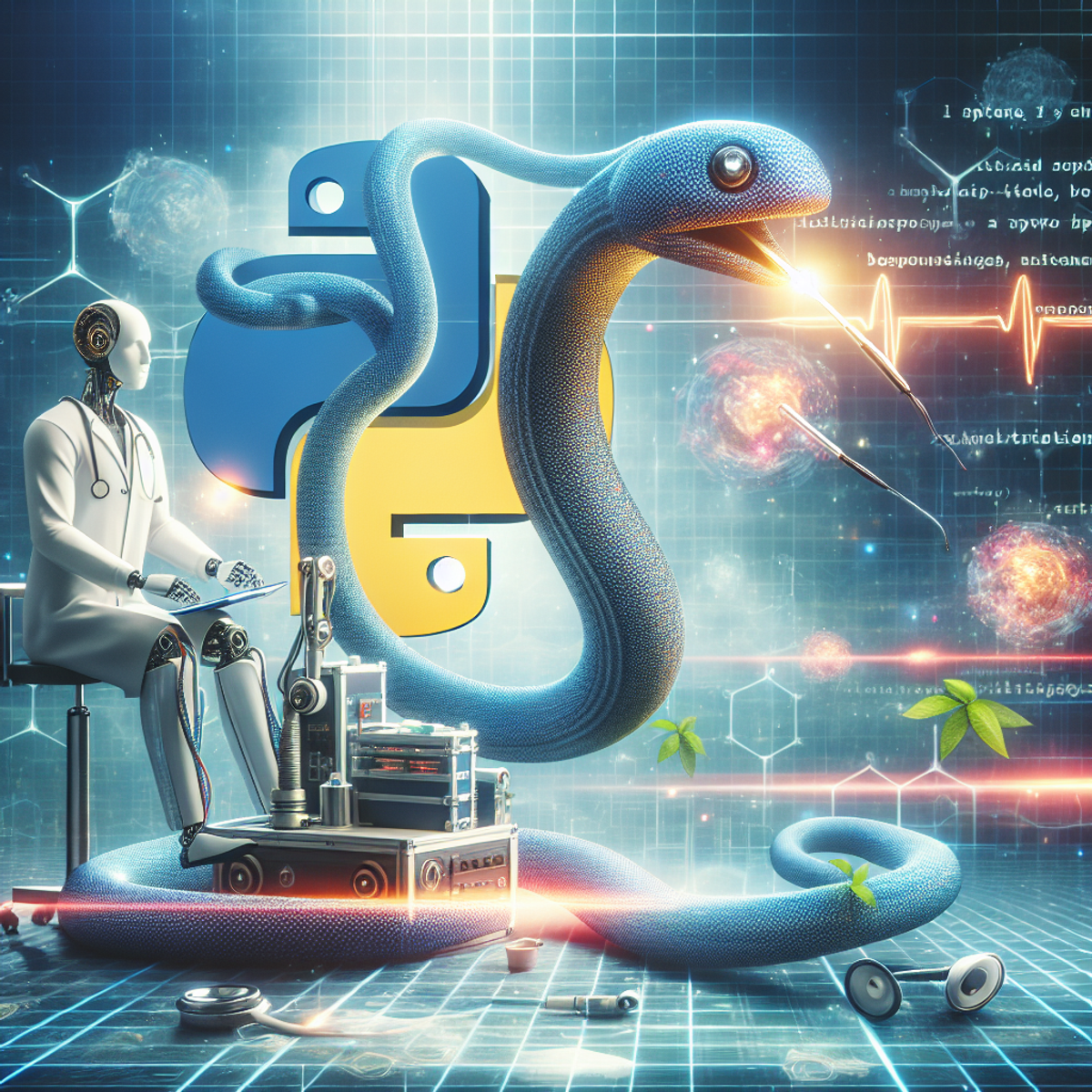 A medical robot performing a procedure with a python snake wrapped around it.