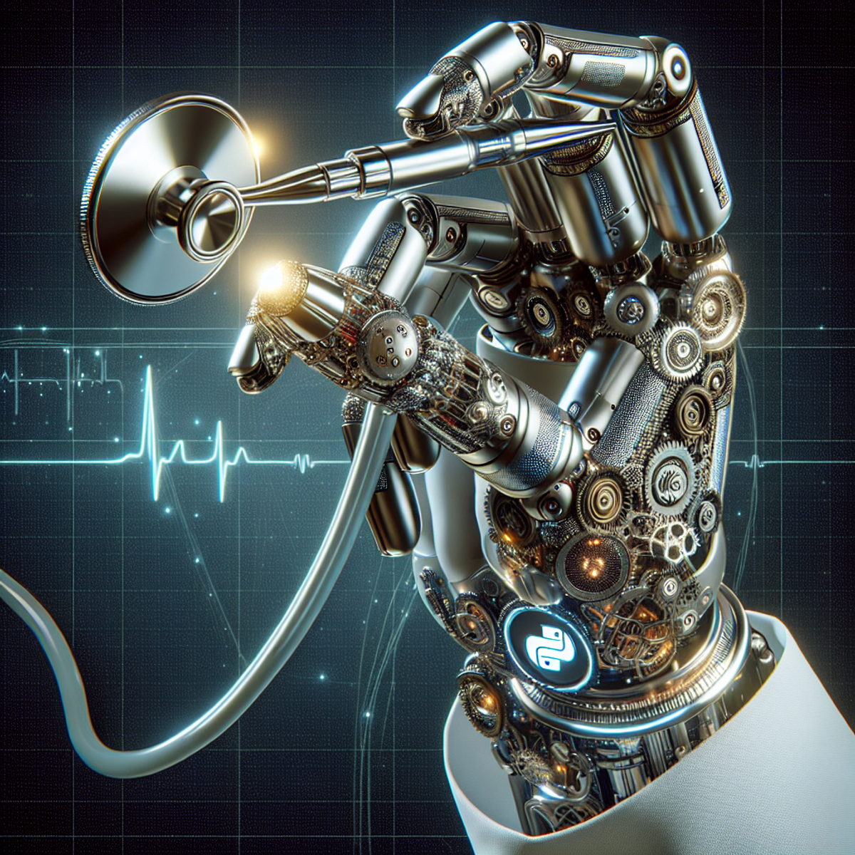 A metallic robotic arm holding a stethoscope.