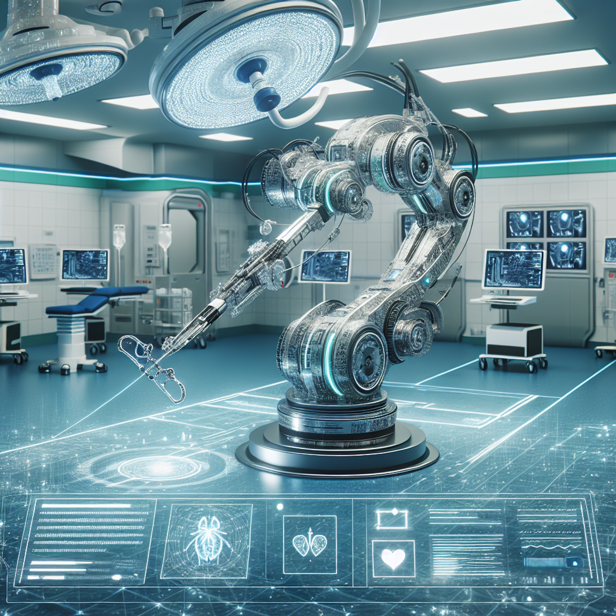 A robotic arm performing surgery in a futuristic hospital operating room.