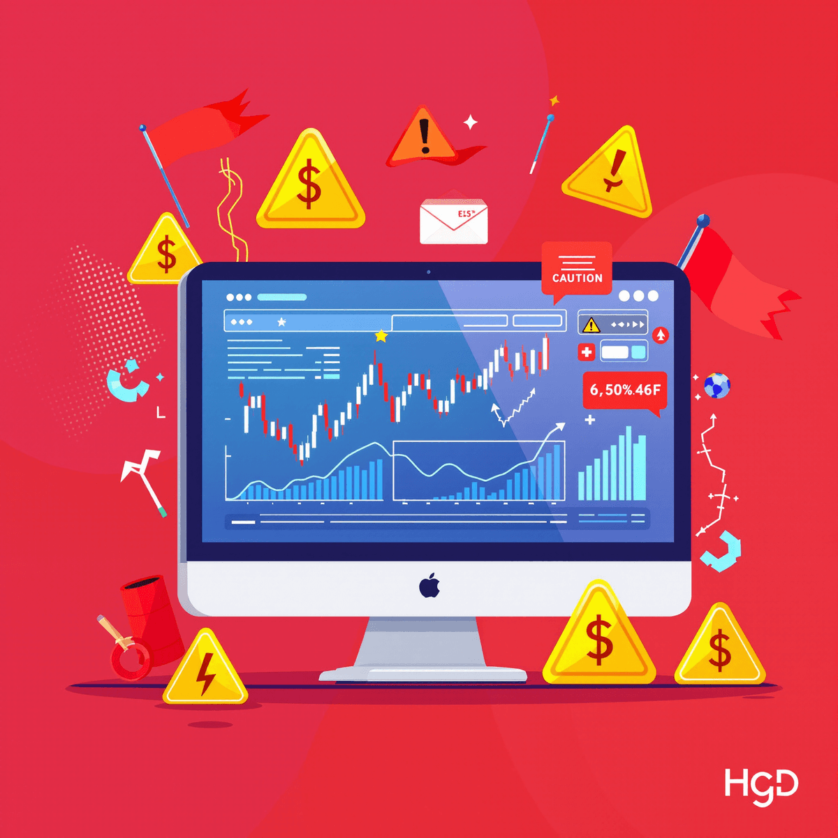 A computer screen shows a cryptocurrency trading platform with graphs and charts, surrounded by red flags and caution symbols, set against a backdrop of urgency.