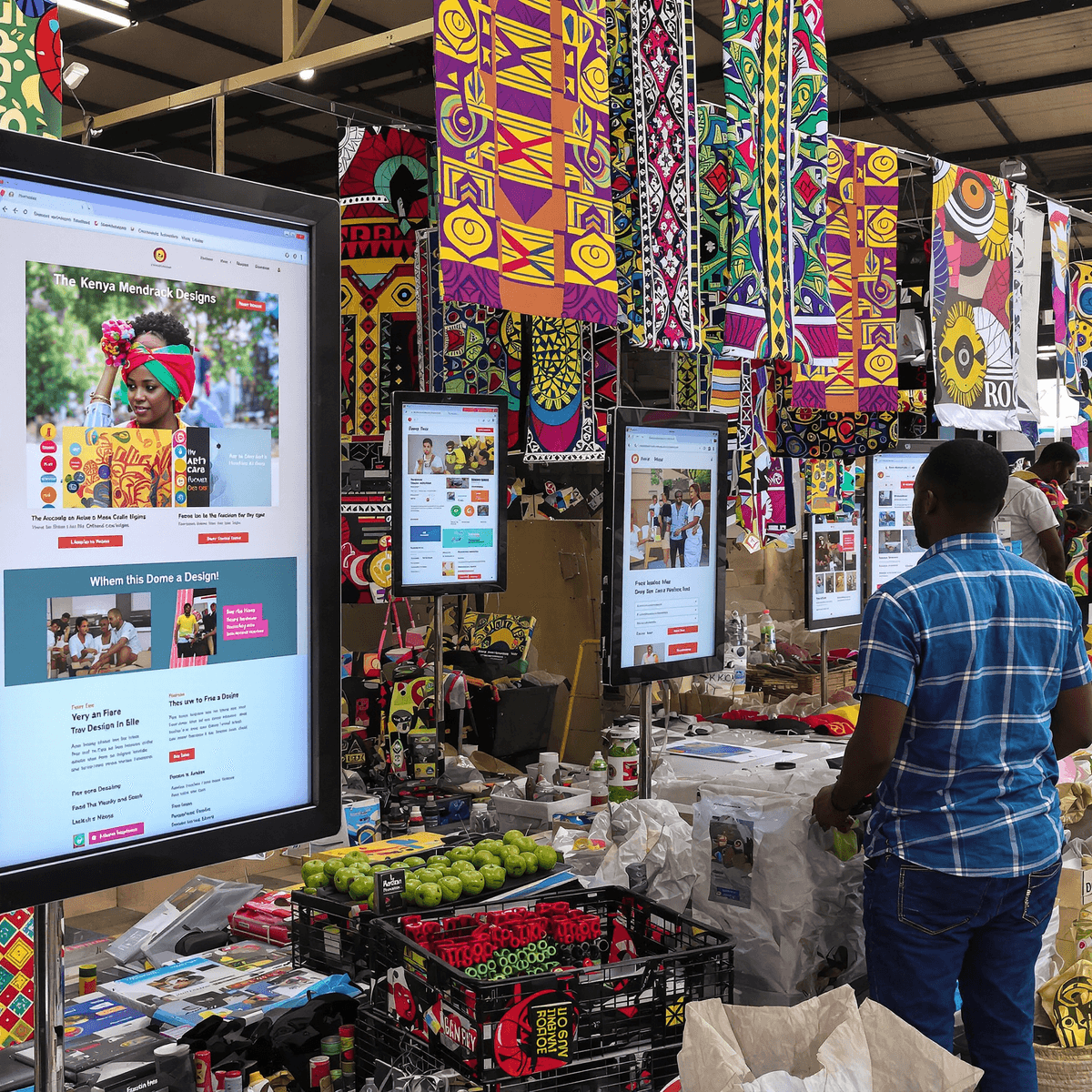A bustling marketplace with digital screens showing website designs, blending vibrant traditional patterns and modern technology.